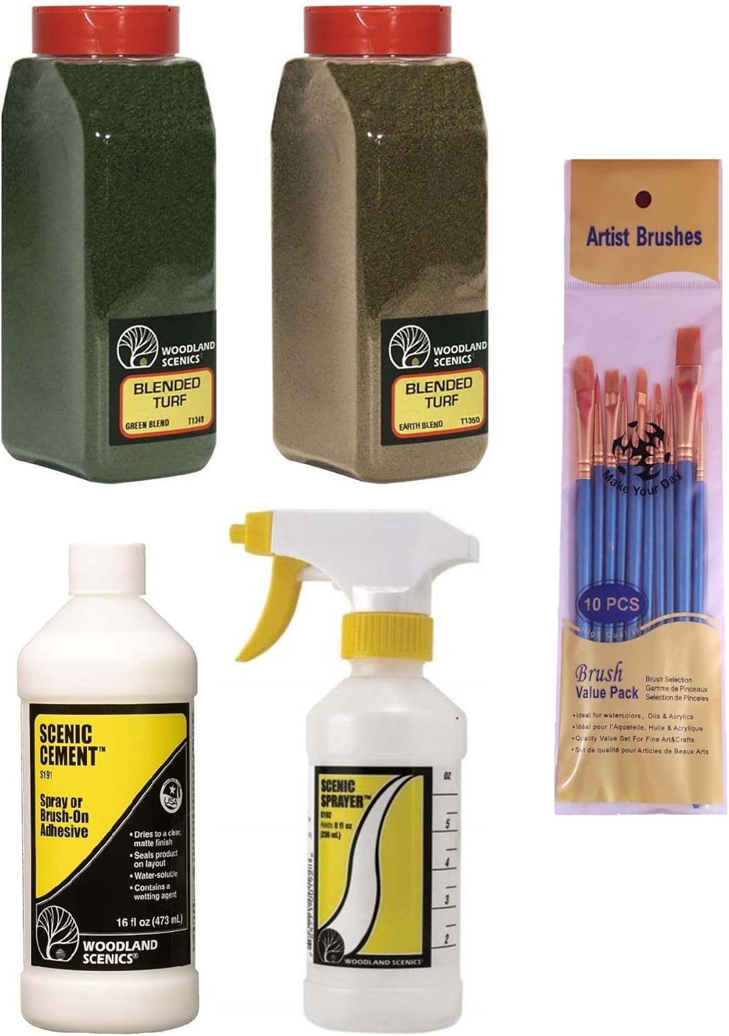 Make Your Day Woodland Scenics Blended Turf Green Blend, Blended Turf Earth Blend, Scenic Cement, Scenic Sprayer Paintbrushes (Pack of 5)