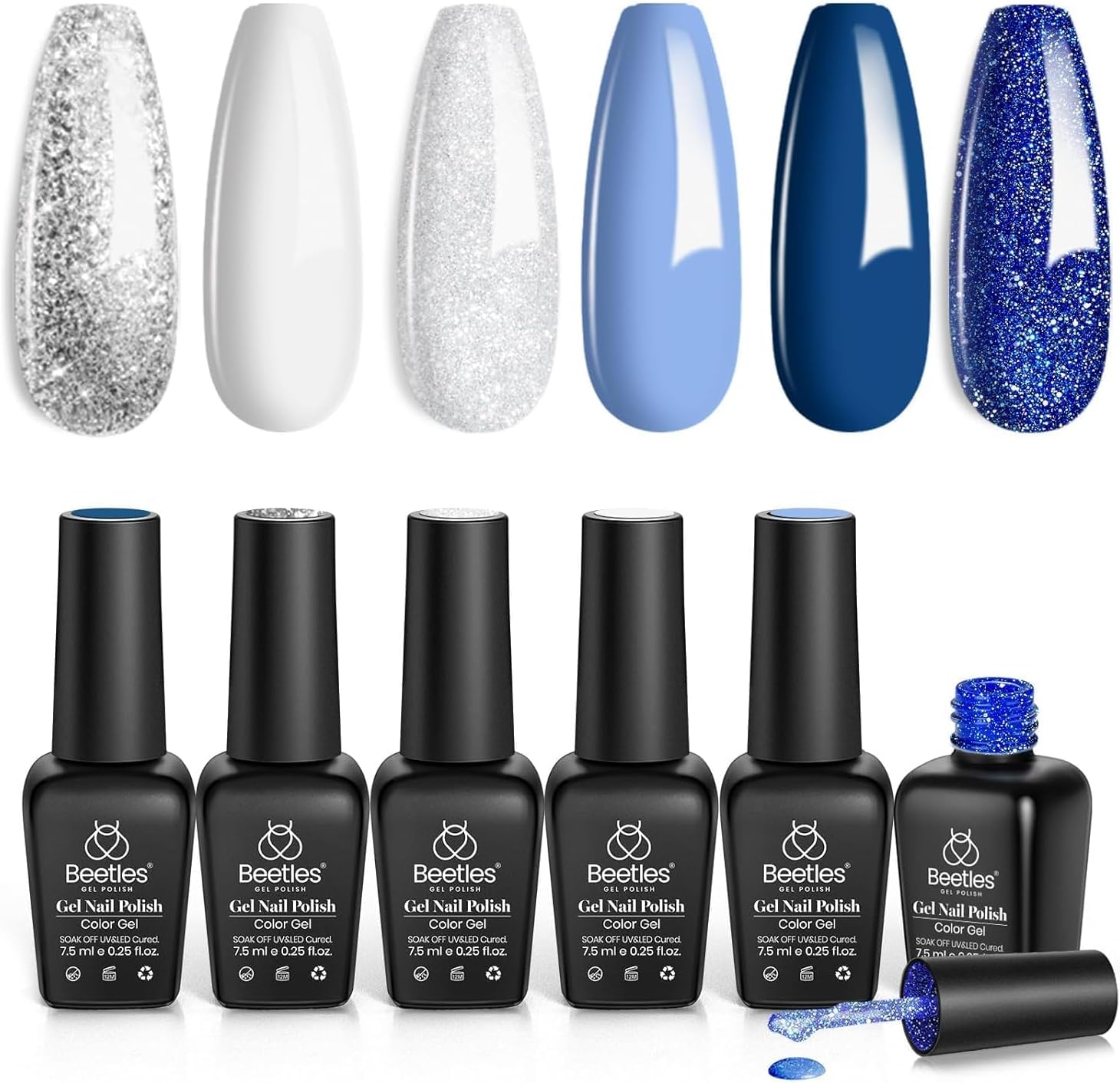 Set, Glitter Snowflakes Collection Blue Polish Set, White Glitter Navy Blue Silver Nails Color Gel Soak off UV LED Lamp Gift for Her