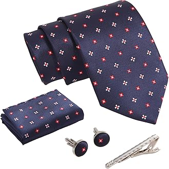 – Mens Striped Plaid Polka Dot Tie Formal Necktie Pocket Squares Ties Clips Cufflinks Classic for Men Set