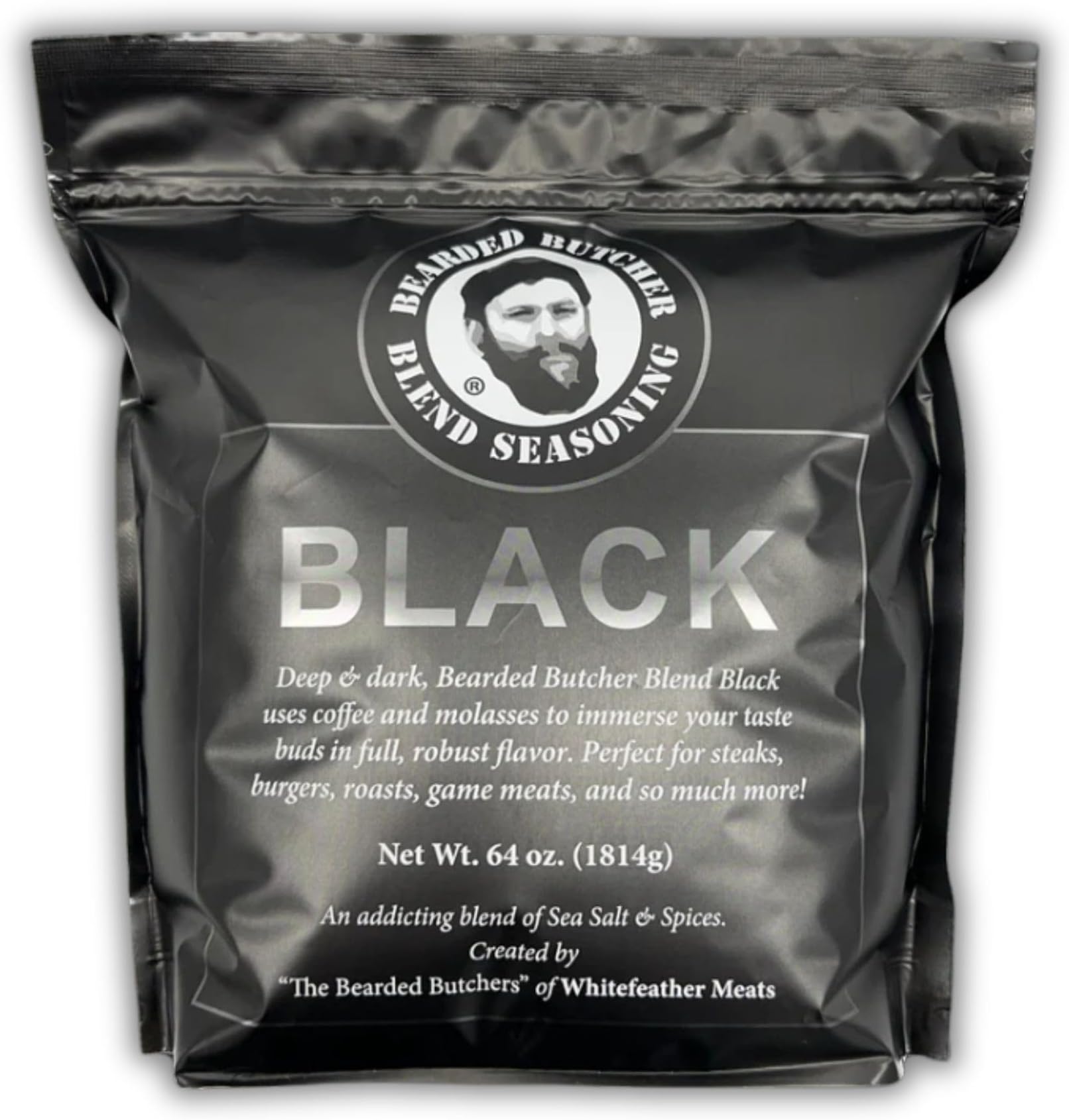 Bearded Butchers Black Blend Seasoning, 64 oz Bag (4 lbs) – Coffee & Molasses Flavor for Steaks, Burgers, Brisket, Roasts, Game Meats – Gluten-Free, No MSG, Low Calorie, Rich, Versatile Seasoning