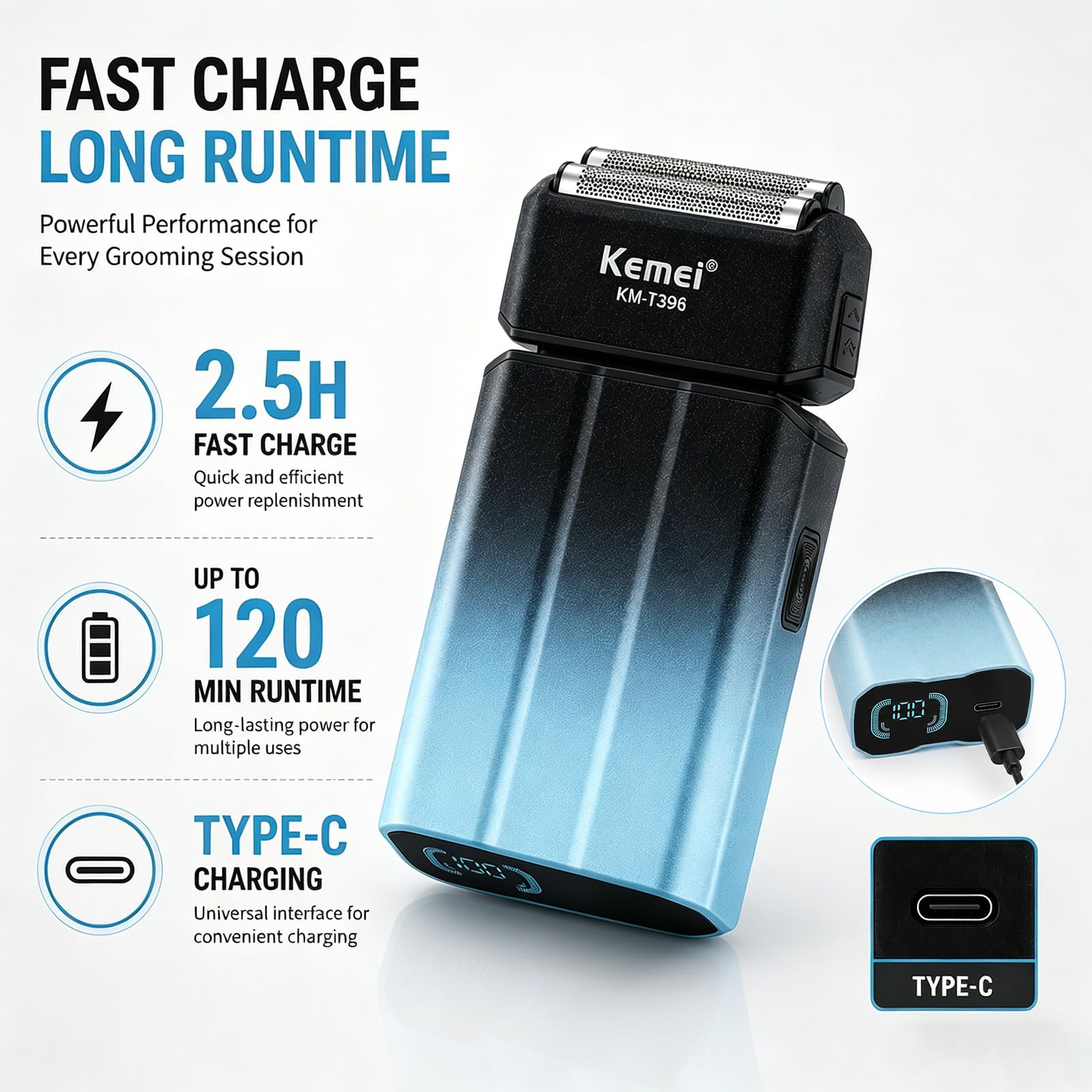 Kemei KM-T396 - Rasoio elettrico da uomo, con 3 lame galleggianti, 7500 giri/min, ricaricabile, senza fili, tipo C, durata 120 minuti, display a LED, blocco da viaggio, blu