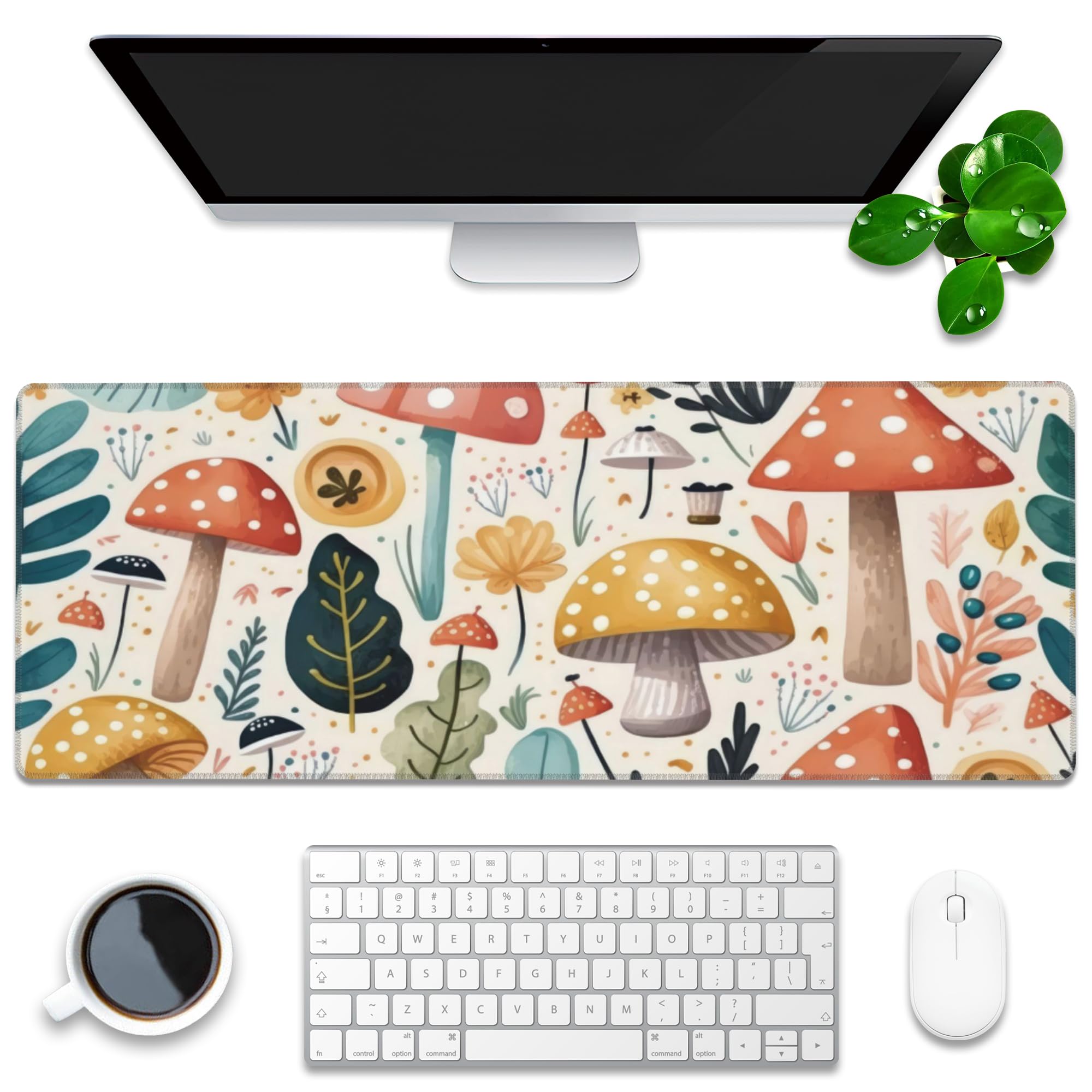 Desk Pad, Hand Drawn Charming Mushroom and Leaves Extended Gaming Mouse Pad Large, 31.5"x11.8" Big Mouse Pad with Non-Slip Base and Stitched Edge,