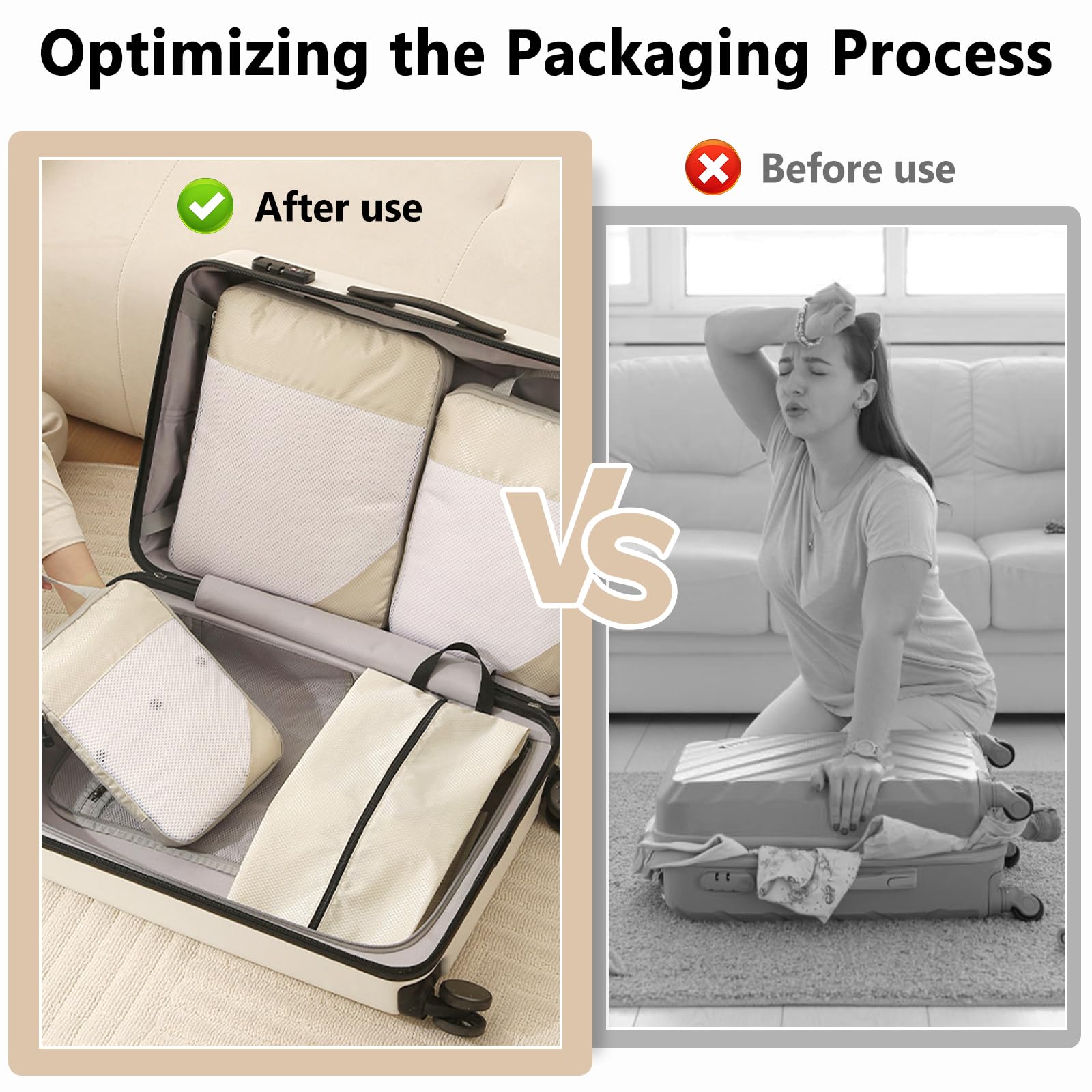 8 Teilige Compression Packing Cubes Set,Kleidertaschen,Schuhtaschen,Koffer Organizer Set,Organizer Packing Cubes Compression,für Koffer,Backpack,Reise organizers,Ordnungssystem für Koffers-Beige