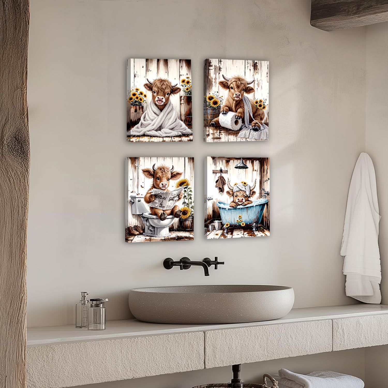 Framed Highland Cow Baby Canvas Wall Art,Highland Cow Bathroom Decor Wall Art,Funny Sunflower Cow Wall Prints Art Signs,Vintage Humor Animal Bathroom Pictures Artwork Home Decor Set of 4(8x10in)