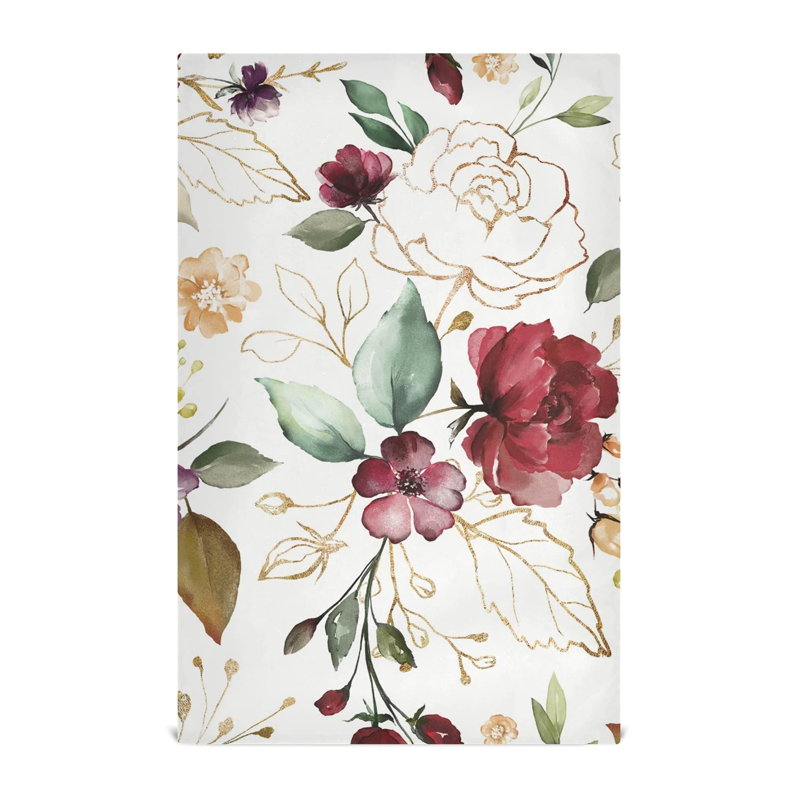 Golden Burgundy Flowers Leaves Red Purple Flower Green Gold Leaves 1 Pack Polyester Kitchen Dish Towel, Hand Bar Tea Towels with Hanging Loop, Hemmed NapkinTowel Dishtowels Waffle Dishcloths