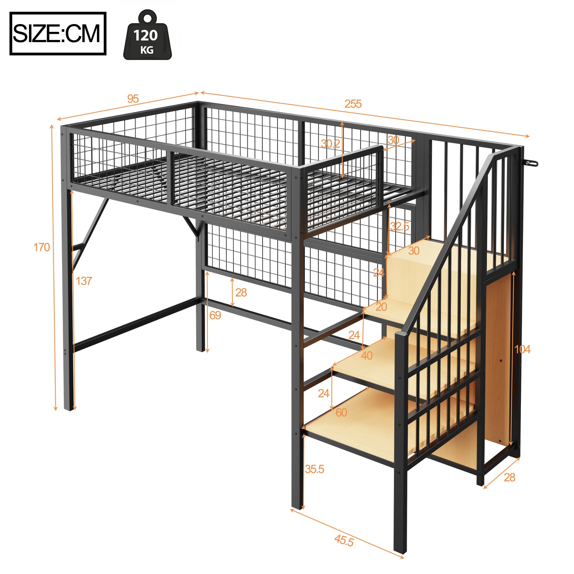 Cama de hierro, litera, 90 x 200 cm, adecuada para niños y jóvenes, con tiras de luz LED controladas por la aplicación, escalera con espacio de almacenamiento, armario abierto, color negro
