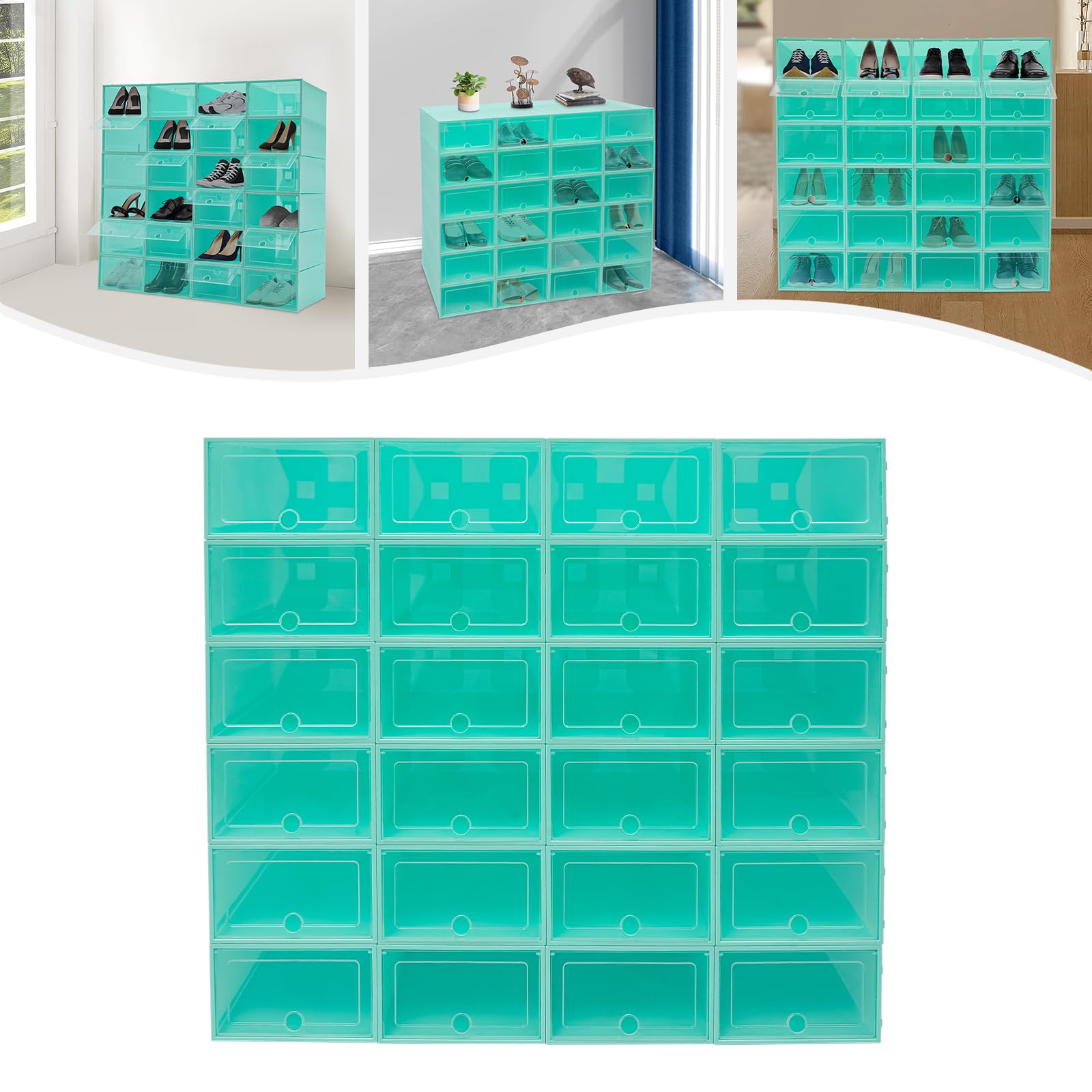 Juego de 24 cajas de zapatos de plástico, plegables y apilables, para zapatos de hasta la talla 44, ahorrarás mucho espacio de almacenamiento (verde esmeralda)