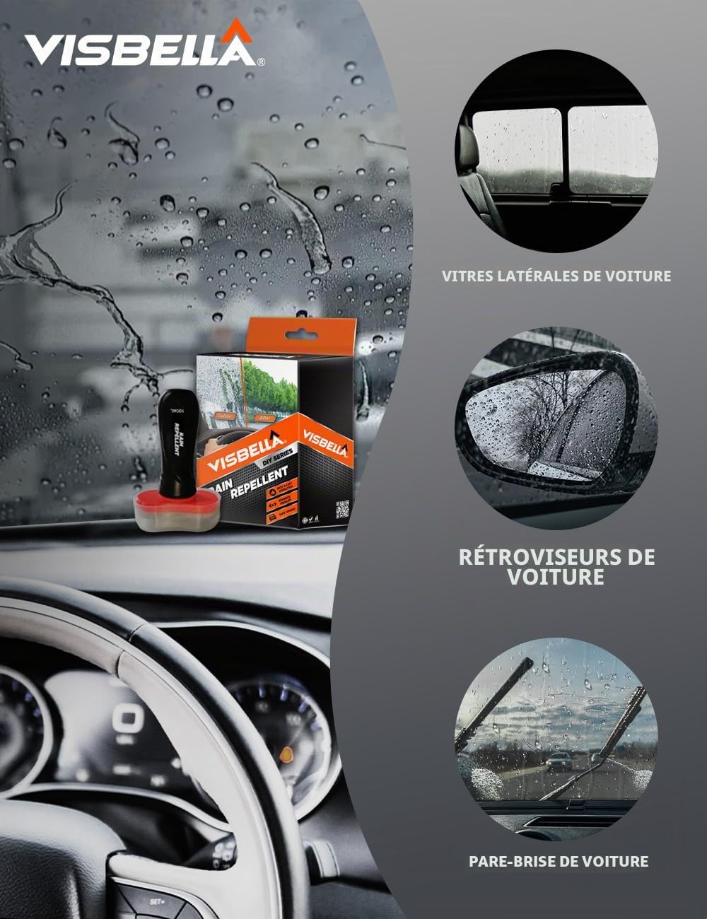 Visbella Anti-pluie avec chiffon de nettoyage, nettoyant pour vitres, liquide de lavage, essuie-glace hydrofuge pour pare-brise de voiture, fenêtres, rétroviseurs, lunettes, visibilité et sécurité