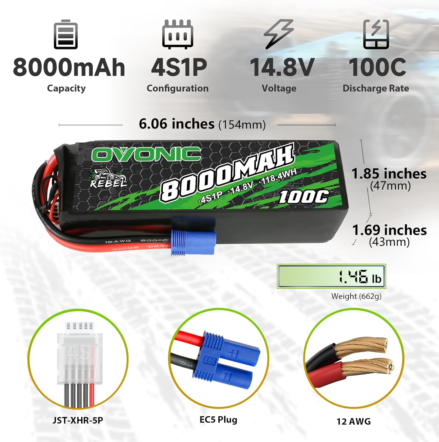 OVONIC 100C 4S 8000mAh 14.8V Lipo Battery with EC5 Connector for arrma 1/5 Scale RC Cars and Trucks Buggy Truggy 2pcs