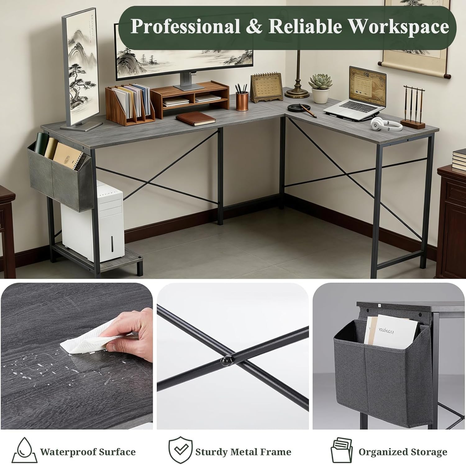 L Shaped Desk, 50 Inch Reversible Computer Desk Corner Gaming Table with CPU Stand & Storage Bag, Sturdy Metal Frame PC Workstation for Home Office, Light Gray Wood