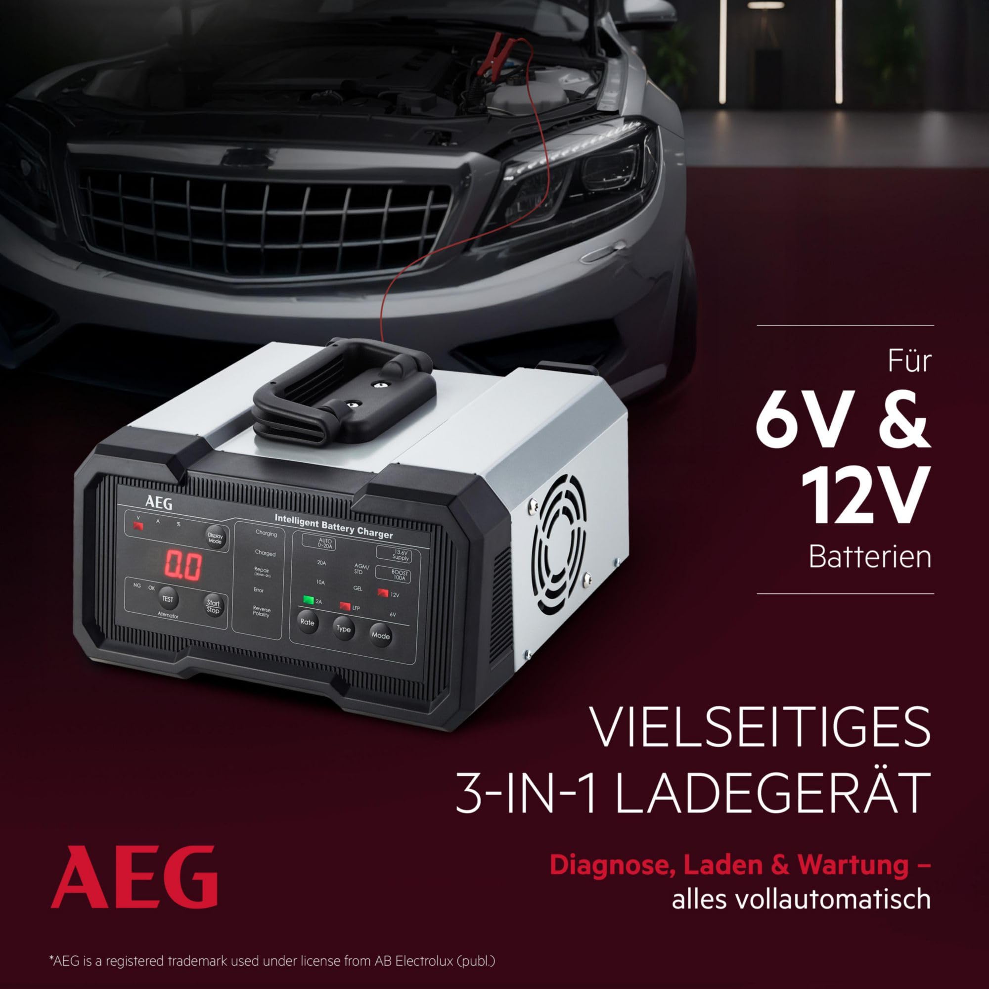 AEG Batterieladegerät CW20, für 6/12 V Batterien, 20A, automatische Ladefunktion, umfangreicher Sicherungsschutz, Erhaltungsfunktion, Ladestatusanzeige in Prozent, LED-Display