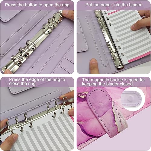 Miniatura 6 de Carpeta A6 recargable de piel sintética con 6 anillas, cubierta para cuaderno pequeño para papel de relleno A6, cubierta de planificador personal de