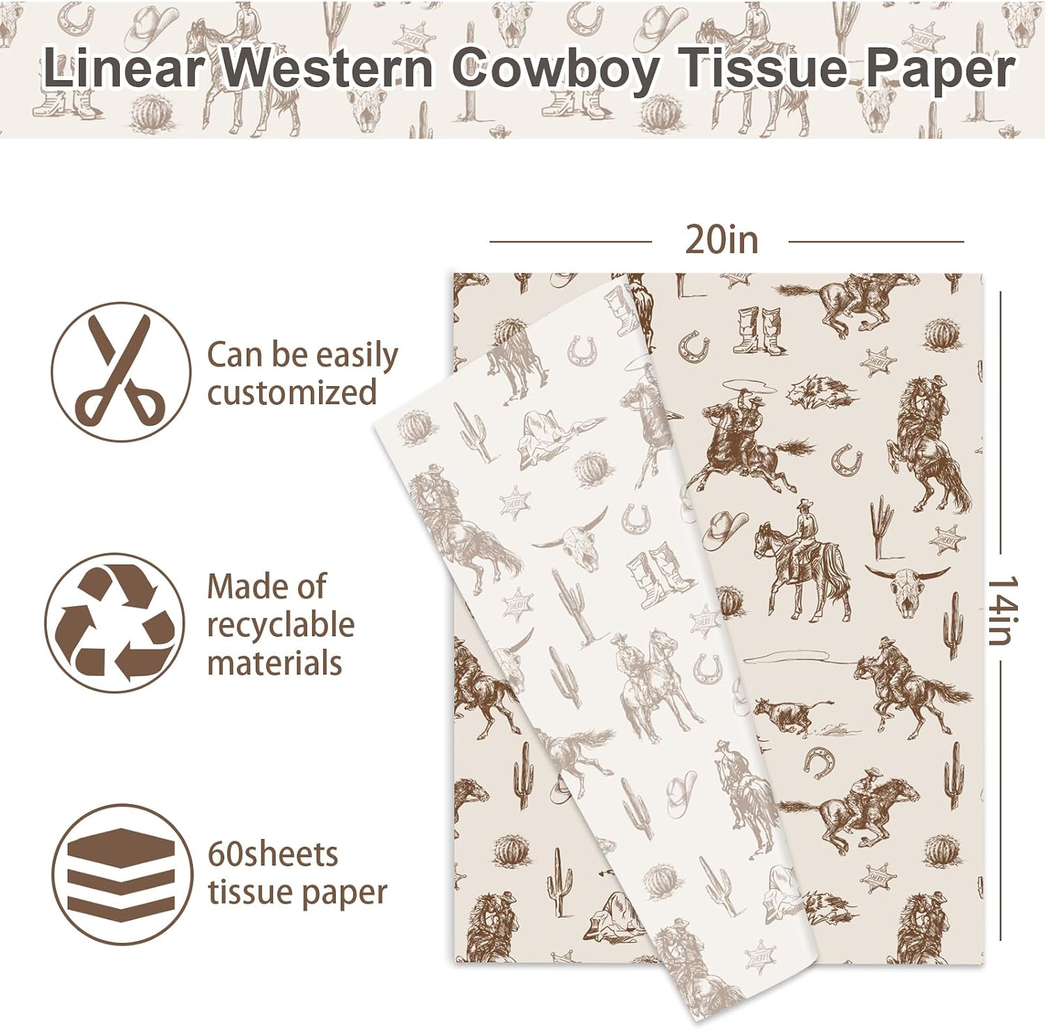 JarThenaAMCS 100 Pcs Western Cowboy Tissue Paper Brown Wild West Rodeo Gift Wrapping Paper Rustic Art Tissue for Birthday Baby Shower Holiday Party DIY Crafts, 14 x 20 Inch