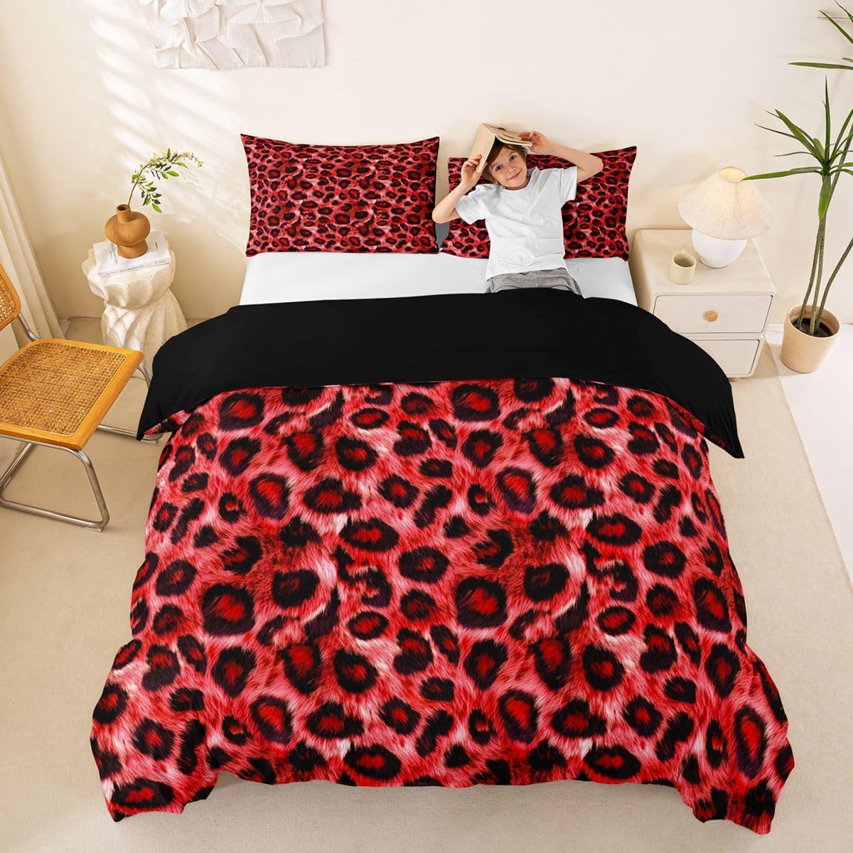 Castle Fairy Leopard Bedding Sets Toddler Size,Animal Cheetah Printed Duvet Cover Set 2Pcs for Kids Girls Boys Adult Room Decor,Red/Floral Print Comforter Cover Wildlife Fur Quilt Cover,1 Pillowcase