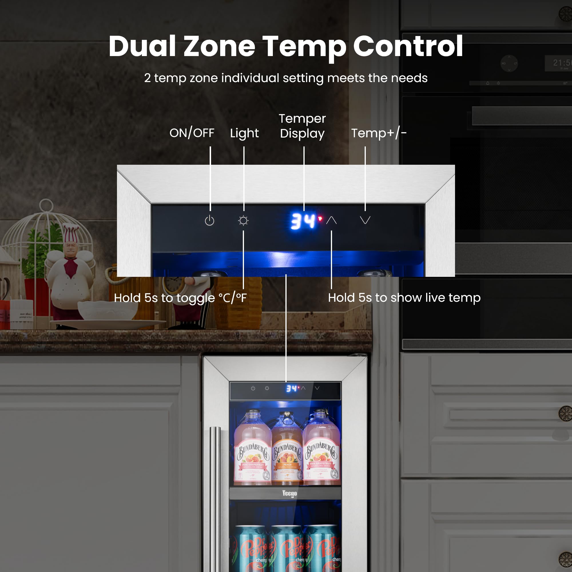 YEEGO 12 Inch Beverage Refrigerator - 60 Cans Compact Beverage Cooler With Glass Door, Under Counter Drink Fridge Built-In Or Freestanding For Soda, Beer & Wine, Office, Kitchen Or Home Bar on Fridge.com - View 5