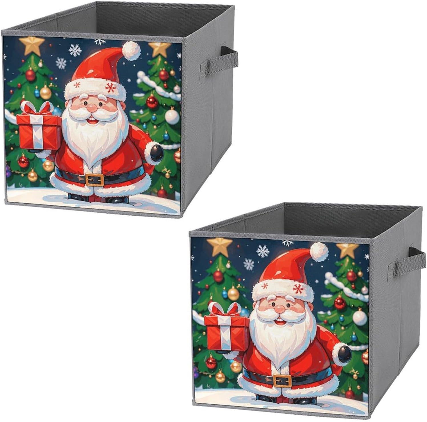 Merry Christmas Santa Claus Foldable Storage Box with Handles, Durable Oxford Storage Cubes, 2PCS Collapsible Closet Organizer for Home, Shelf, Office, Travel