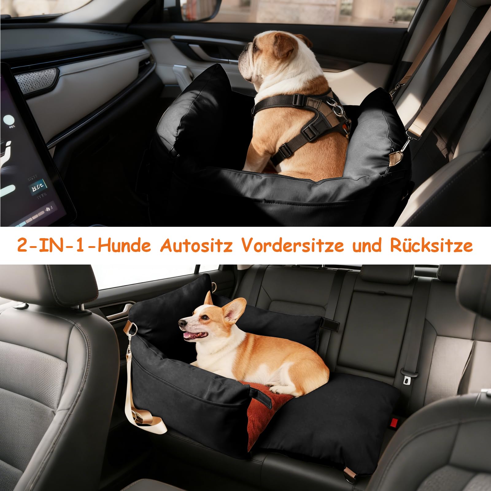 Autositz für kleine Hunde, Wasserdichter 2-in-1-Sitzerhöher für Haustiere mit Seitlichen Griffen und Einer Aufbewahrungstasche, Befestigbarer Sicherheitsleine und PP-Baumwollfüllung, Schwarz