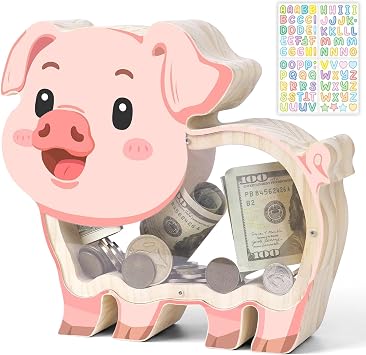 Wooden Piggy Bank for Kids, Pig Money Bank for Boys Girls
