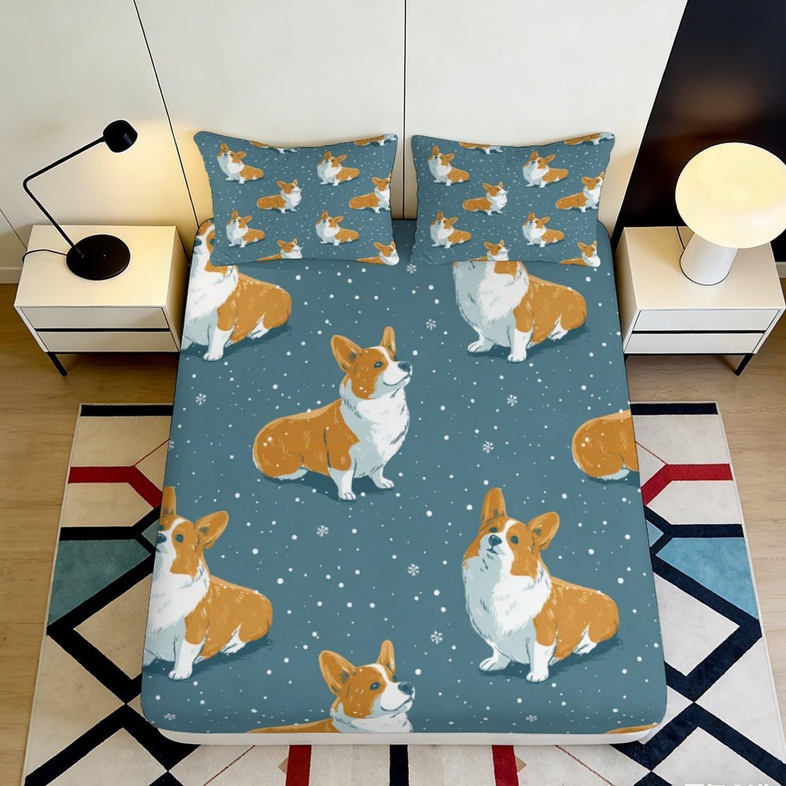 Pnayamiorkfel Style-10 3D Printed Corgi Dog Pattern Fitted Sheet Microfiber Blue Bed Sheet Anti-Slip Machine Washable Mattress Cover For Bedroom Decor 90X200x25cm