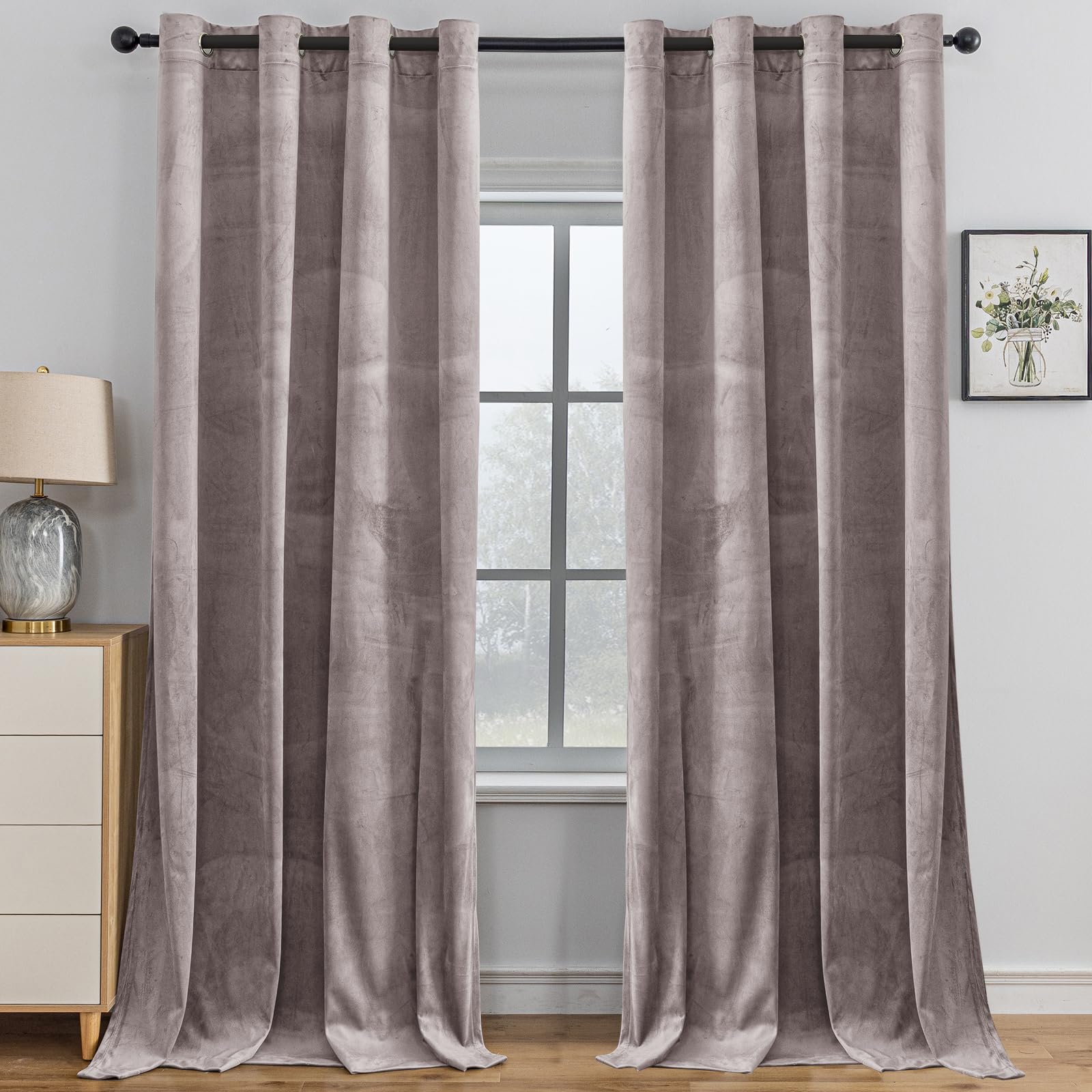 YSTELLAA Cortinas Terciopelo Opacas 2 Piezas, 140×300 CM, Cortinas Termicas Aislantes Frio Y Calor, Cortinas Opacas Termicas Salon, Cortina Acustica Modernas con Ojales, Rosa Gris