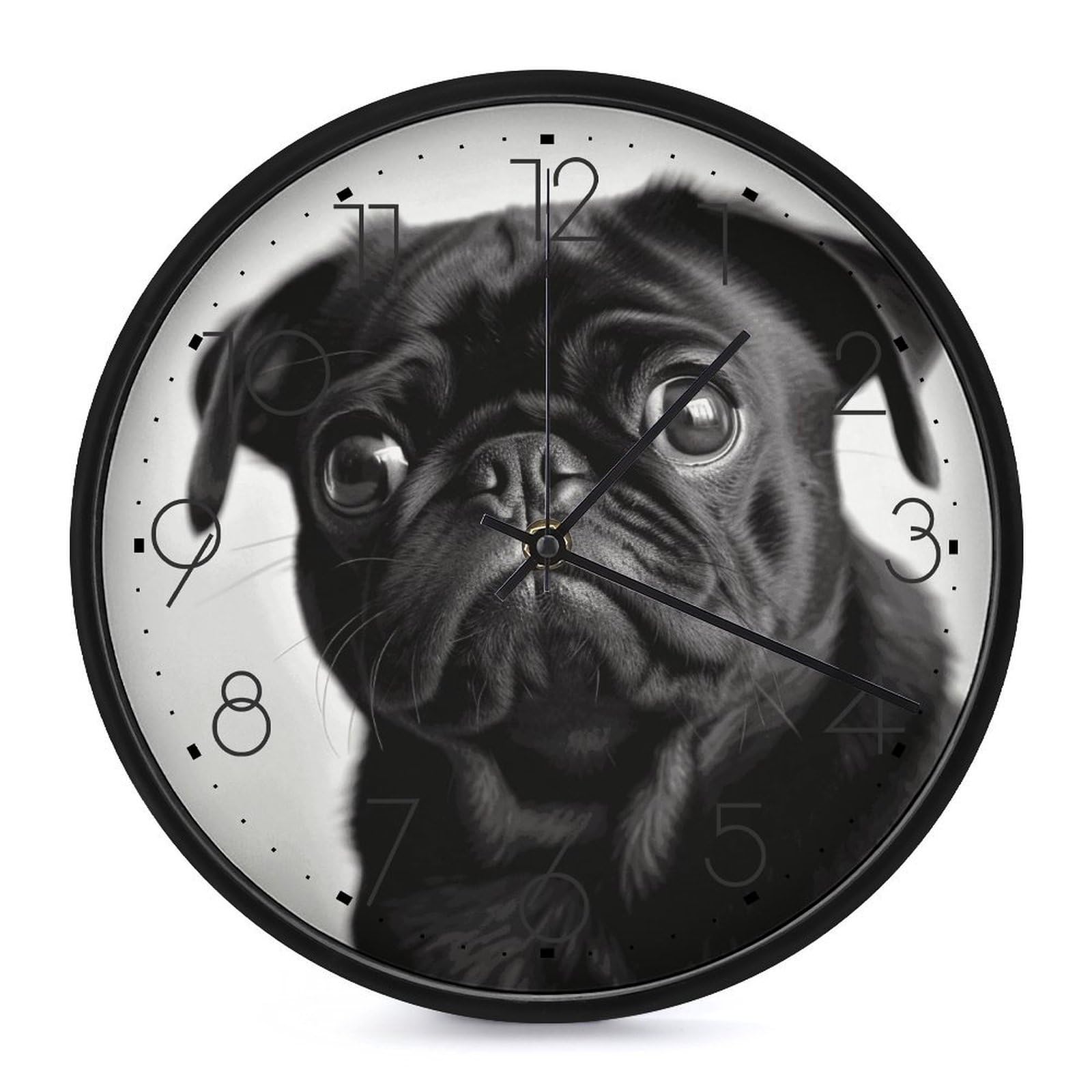 DWVTSLH Cute Black Pug Dog Wall Clock 10 Inch Silent Non-Ticking Modern Clocks Battery Operated - Decorative Wall Clocks for Bedroom Living Room Kitchen Office Wall Decor Gift Idea