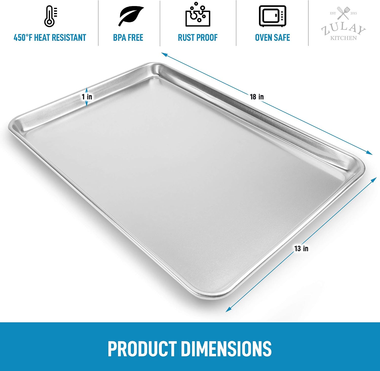 Zulay Large Aluminum Baking Pan - Half Sheet (13" x 18") Baking Sheet For Oven - Perfect Cookie Sheet For Baking, Commercial Or Home Use - Heavy Duty & Encapsulated Rim Half Sheet Pans
