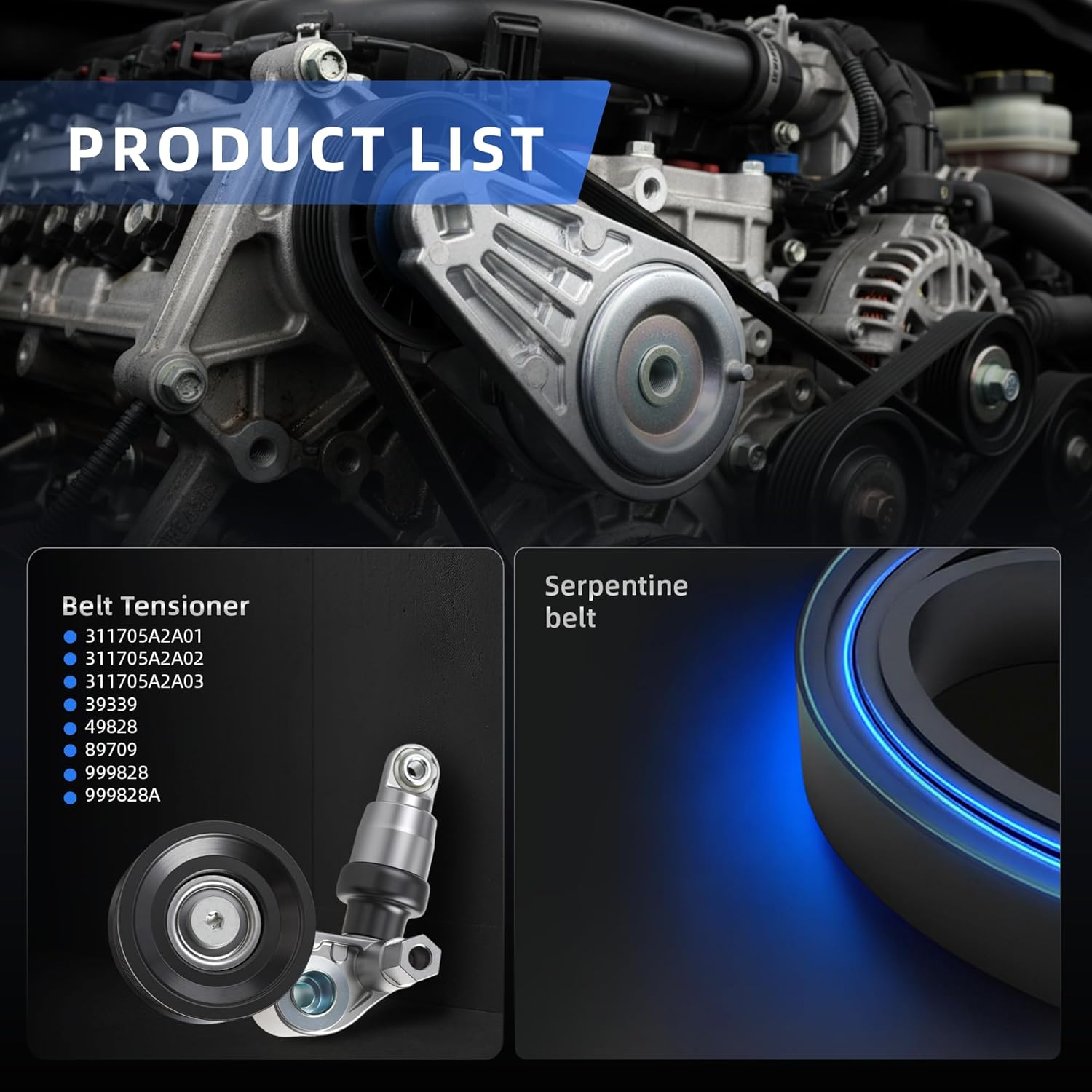 Belt Tensioner Serpentine Belt Kit for Honda Accord/CR-V L4 2.4L 2013-2019, for Acura TLX L4 2.4L 2015-2020, 39339, 49828, 89709, 999828, 999828A, 311705A2A01, 311705A2A02