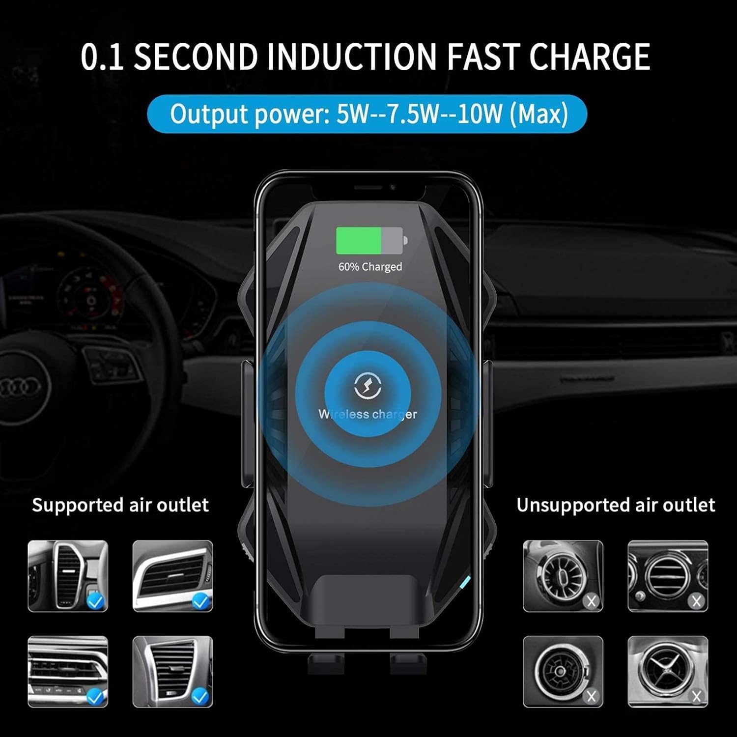 Car Wireless Charger Mount Dashboard Air Vent Holder Fast Charge Compatible with CAT S62 Phone, Auto Sensor Dock Cradle 10W and 7.5W AC Louver