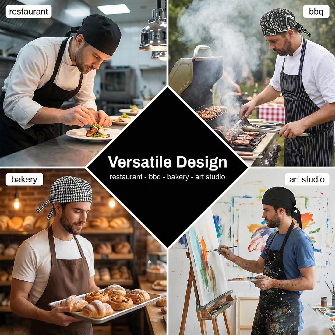 3 pcs Gorro de Cocina Ajustable Unisex, Gorros de Chef en Polycotton para Unisex, Cubierta para la Cabeza para Cocinar Asar Bandana Cap, Bandana para Restaurantes, Cocinas, Cafeterías
