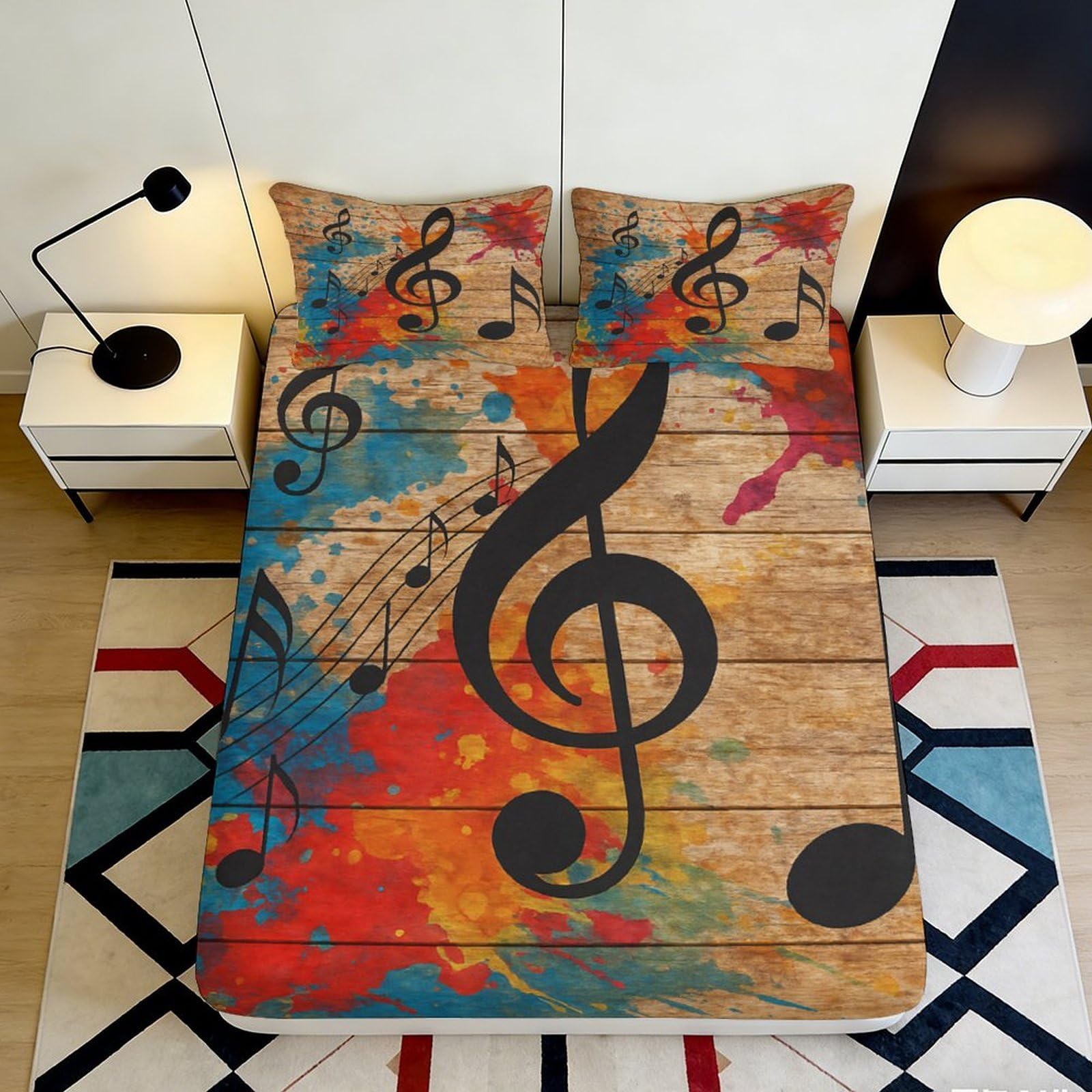 Uxinyoume Style-10 3D Printed Music Note Fitted Sheet Microfiber Retro Wooden Bed Cover For Bedroom Dorm Easy Care Decor 90X200x25cm