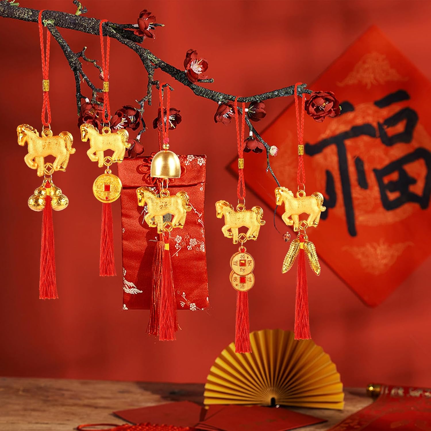 8 Pcs Chinese New Year Horse Decorations Lunar New Year 2026 Red Tassel Ornaments with Wealth Success Good Luck Hanging Decorations for Gifts Home Car Decor