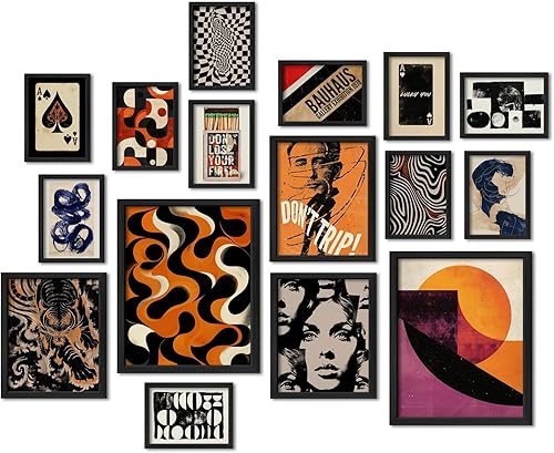 16 piezas enmarcadas retro de los años 70, impresiones de pared eclécticas vintage para dormitorio, juego de marcos de pared de galería, carteles