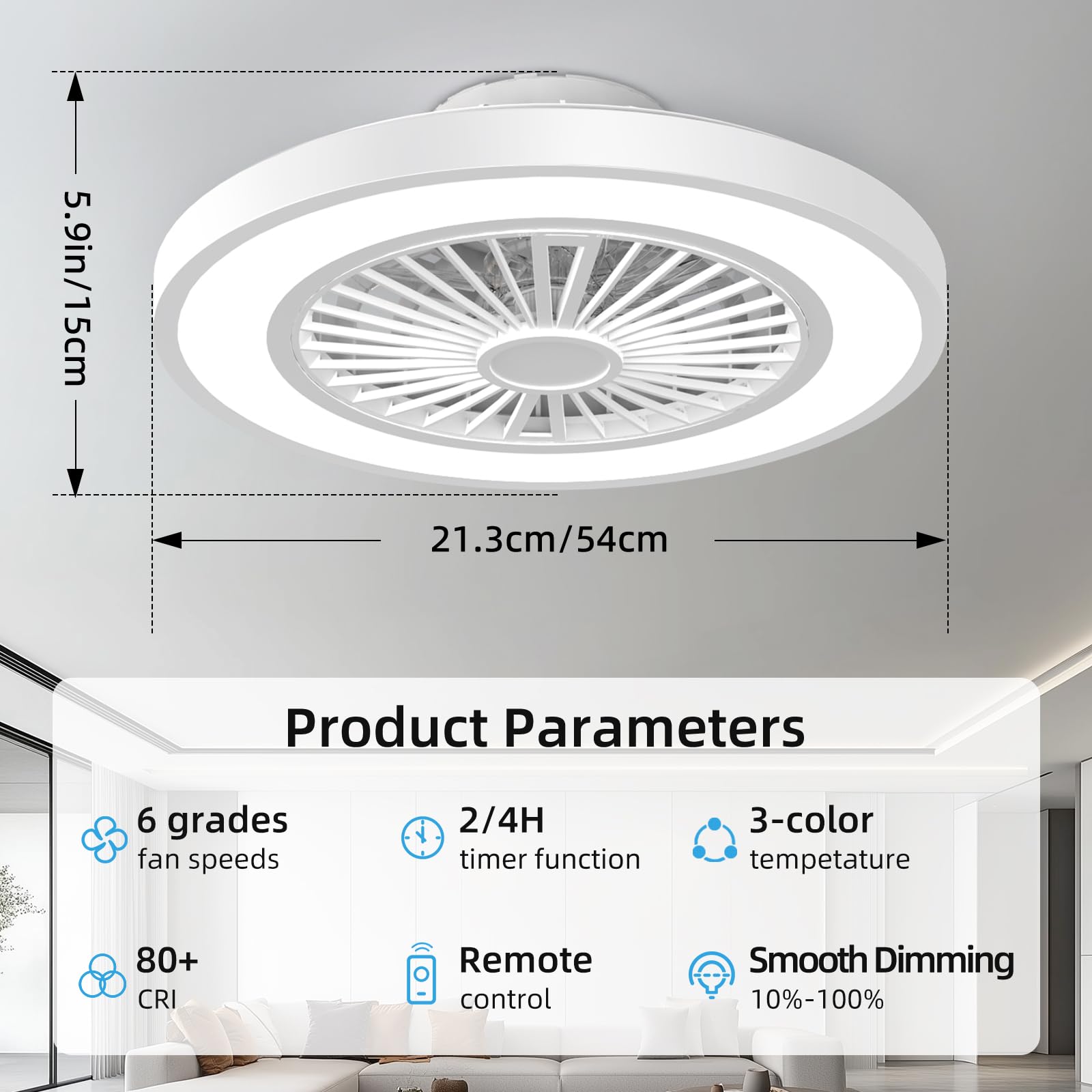 Ateroll Ventilador de Techo con luz, Ø54CM Dimmbar LED Lampara Ventilador Techo con Control Remoto, 3000K-6500K, 6 Velocidades Silencioso, Temporizador y Memoria, Moderno Ventilador para Dormitorio