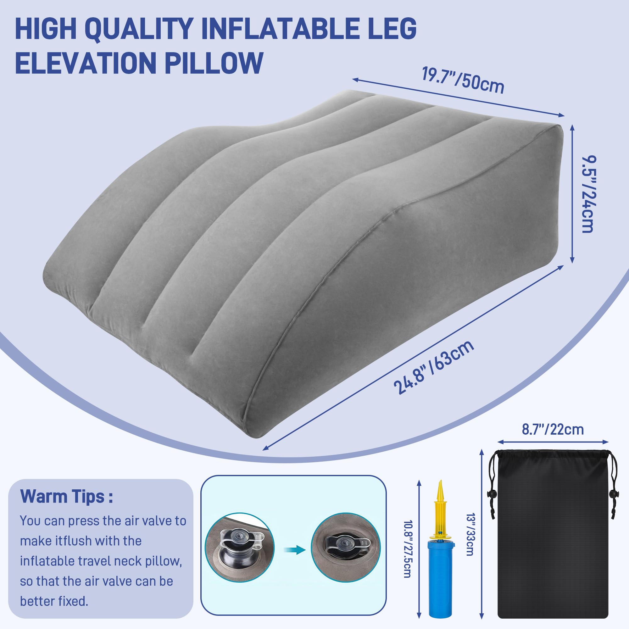 Starvortex Gonfiabile Cuscino per Gambe, Comodo Cuscino a Cuneo per Elevazione delle Gambe e Supporto Lombare, Portatile con Borsa per il Trasporto per Viaggi, Casa e Sonno (Grigio)