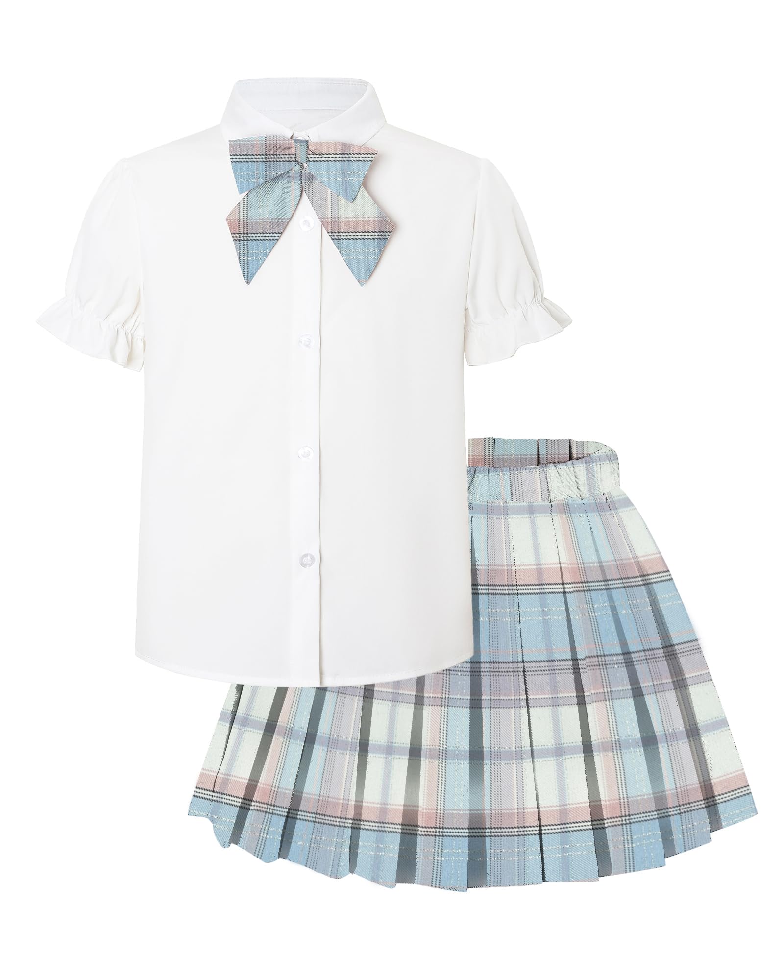 Betusline Girls JK Uniform Outfit, Shirt with Bow &amp; Pleated Skirt,4T-16Y