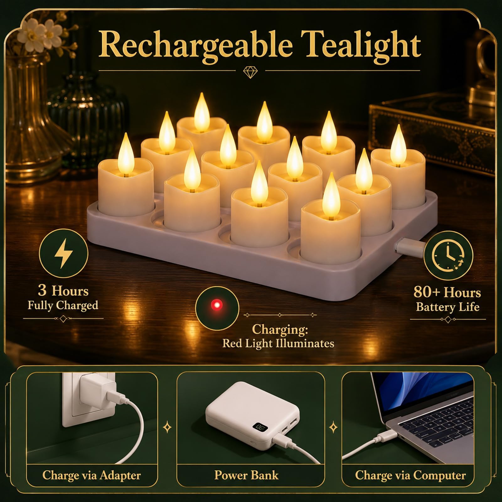 Candele da tè a LED, ricaricabili, con fiamma tremolante, con funzione timer, telecomando e stazione di ricarica, colore bianco, per Halloween, Natale, feste, 12 pezzi