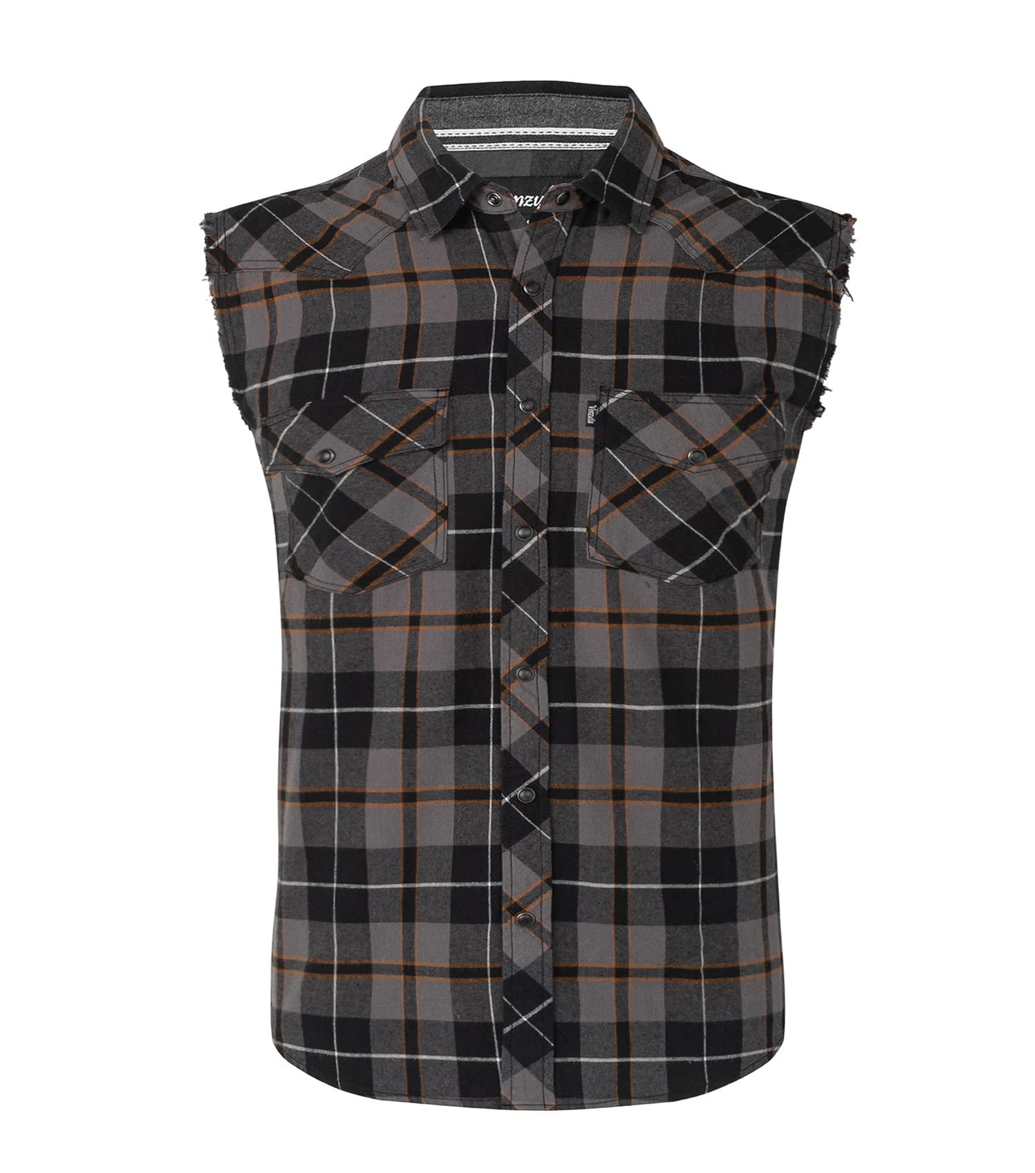 Mens Casual Flannel Plaid snap Shirt Sleeveless with Pocket