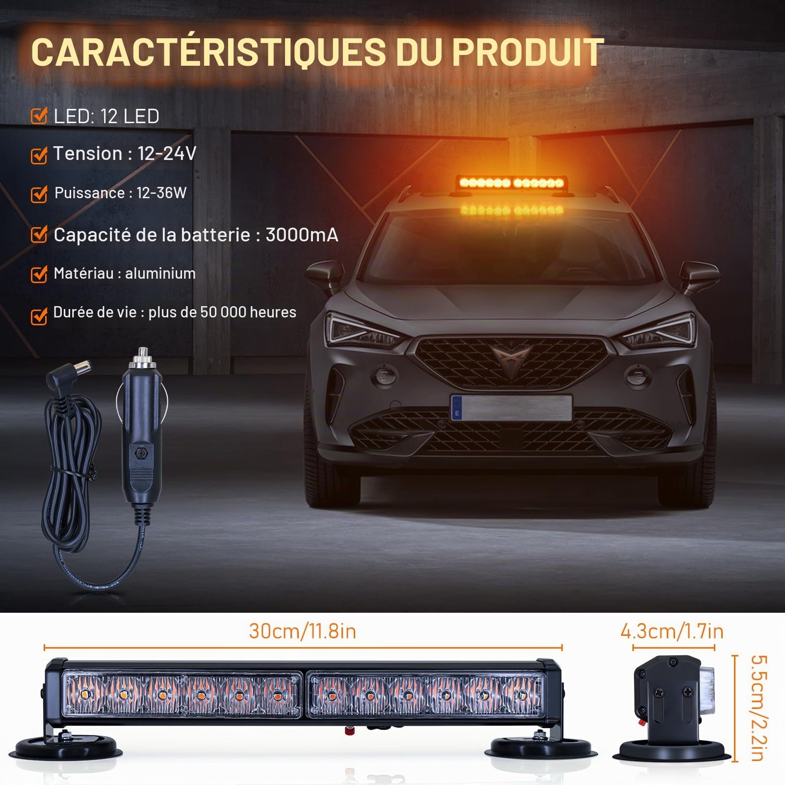 Dinfu 12 pouces Gyrophare LED Sans Fil Rechargeable Avec 14 modes de flash stroboscopique + chargeur, orange LED d'avertissement batterie barre lumineuse pour voiture tracteur auto