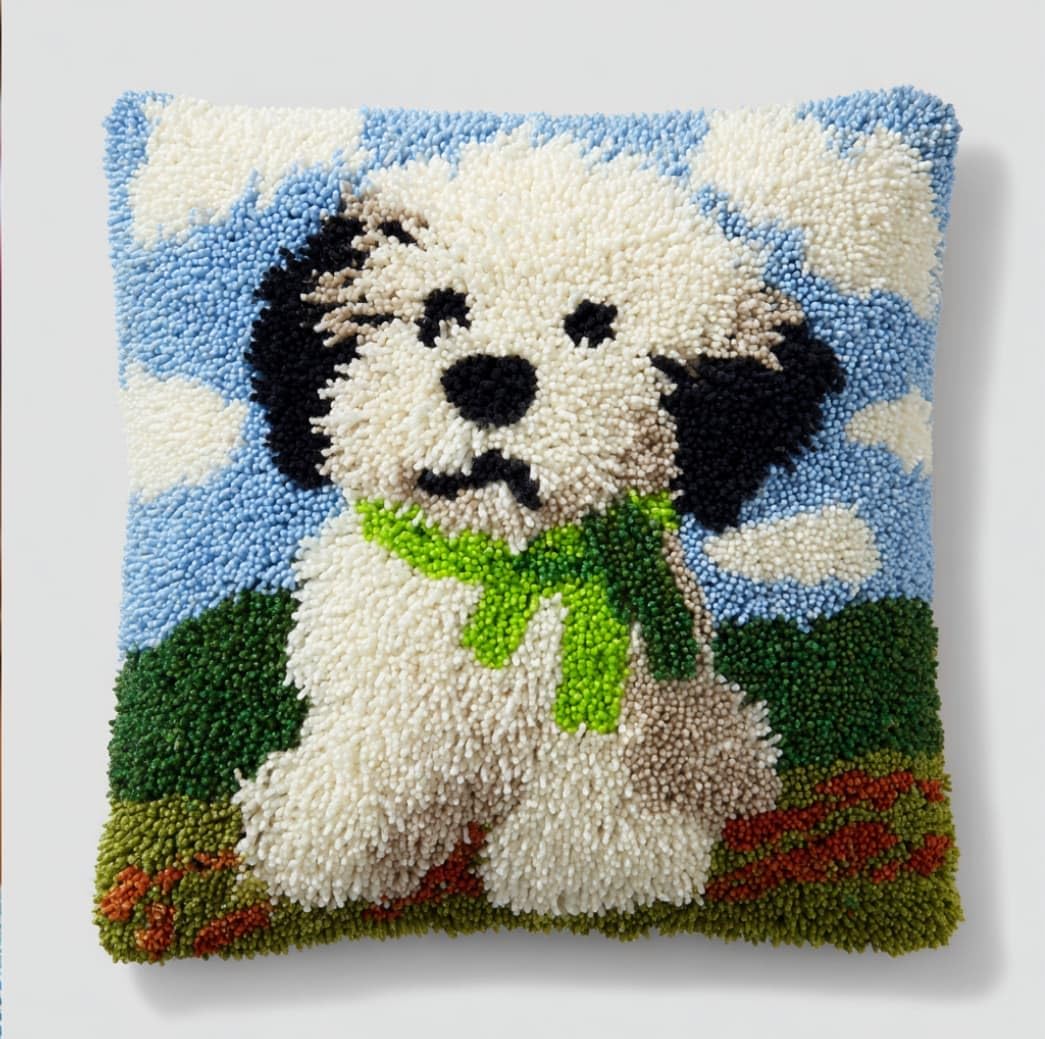 Taxpy DIY Latch Hook Pillow Kit Pre-Printed Hook and Latch Rug Kits Dogs 17X17 Inch.Cross-Stitch Embroidery Cushion Cover for Home Sofa Decoration