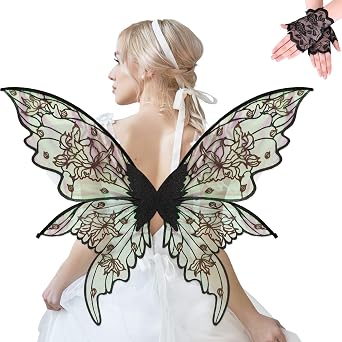 Large Fairy Wings Adult Women, Butterfly Organza Angel Wings with Lace Gloves, Halloween Costume Cosplay Party