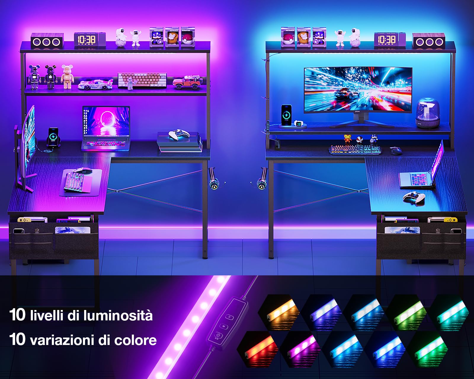 Coleshome Scrivania Gaming con LED e Prese, 110 × 80 cm Scrivania Gaming Angolare Reversibile con Scaffali Portaoggetti, Scrivania Angolare con Borsa Portaoggetti per Giocatori, Nero