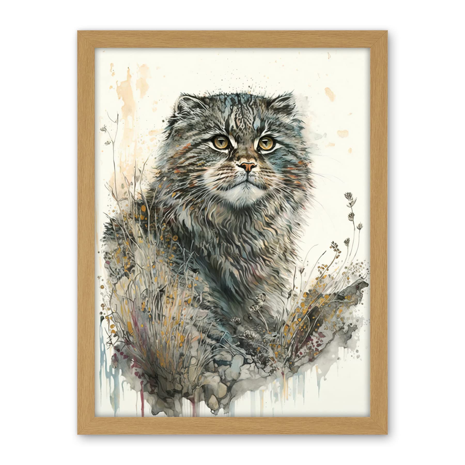 Artery8 Manul Pallas Cat Portrait in Wildflowers Watercolour Illustration Artwork Framed Wall Art Print 18X24 Inch