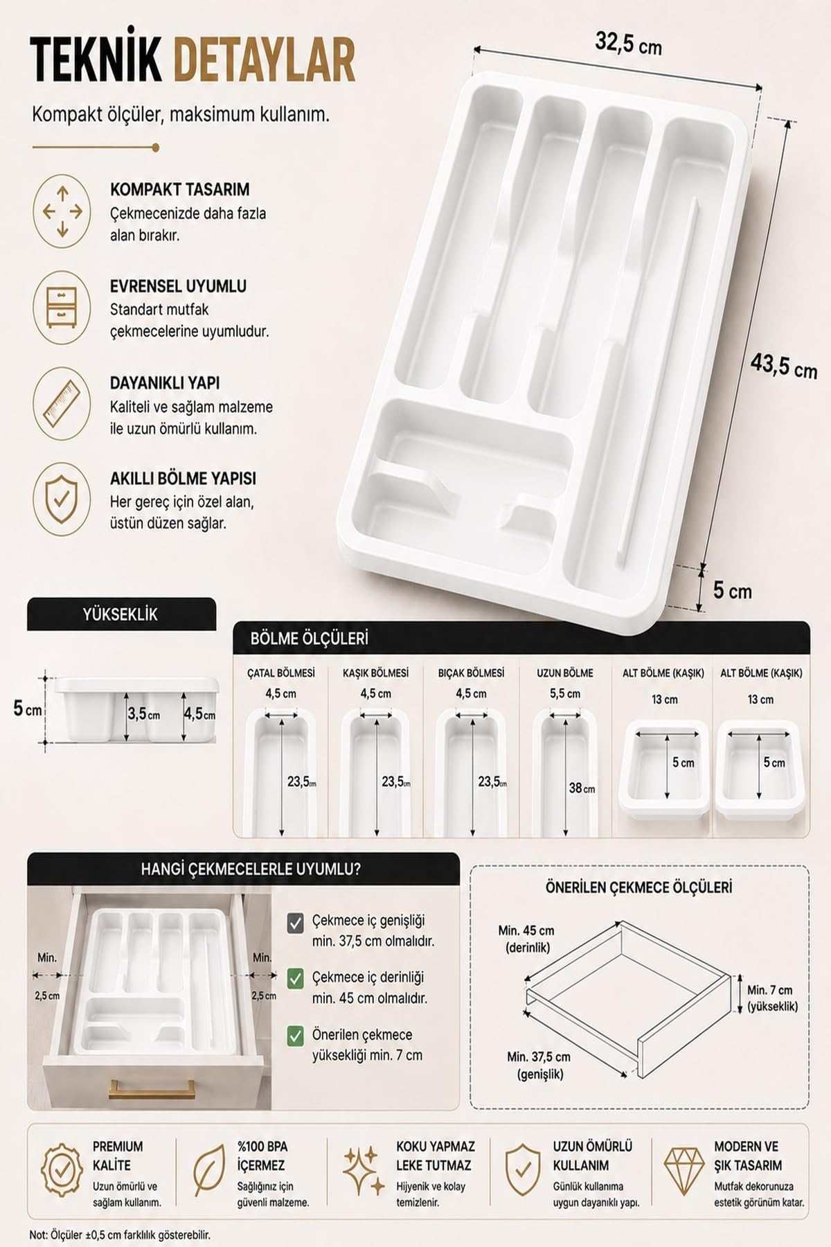 Sas Haus 6 Bölmeli Çekmece İçi Kaşıklık, Plastik Çatal Bıçak Organizeri, Mutfak Düzenleyici Beyaz S-11003