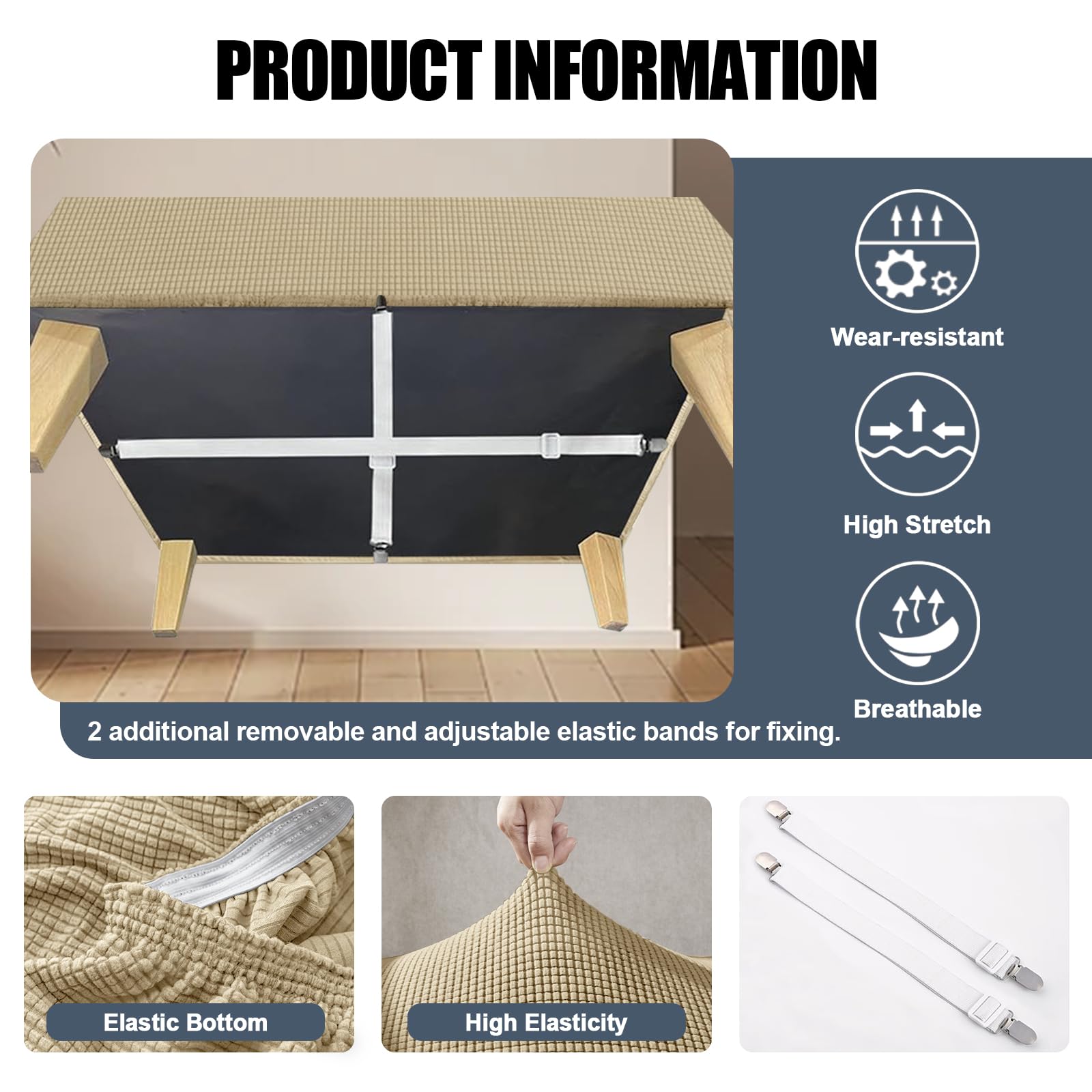 Copri Pouf Quadrata/Rettangolare Impermeabile, Fodera Per Poggiapiedi Elasticizzato Jacquard, Copri Ottomana Antiscivolo Con 2 Cinghie (Beige,1pc Square M)