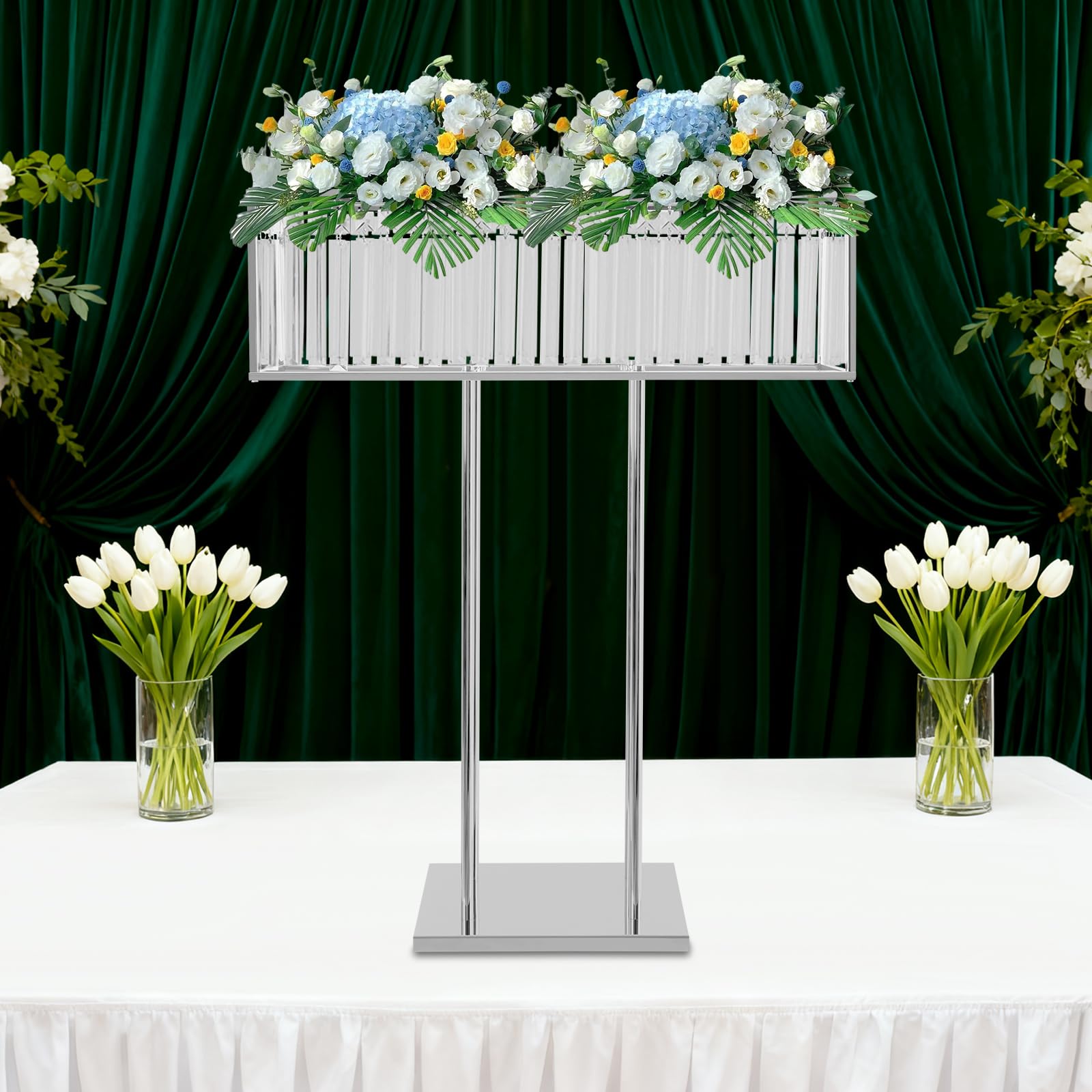 Support à fleurs 70 cm - Fer et cristal - Pour anniversaire, fête et hall d'hôtel | Décoration de mariage - Charge maximale de 5 kg - Argent - Centre de table élégant ou marque-page autoportant