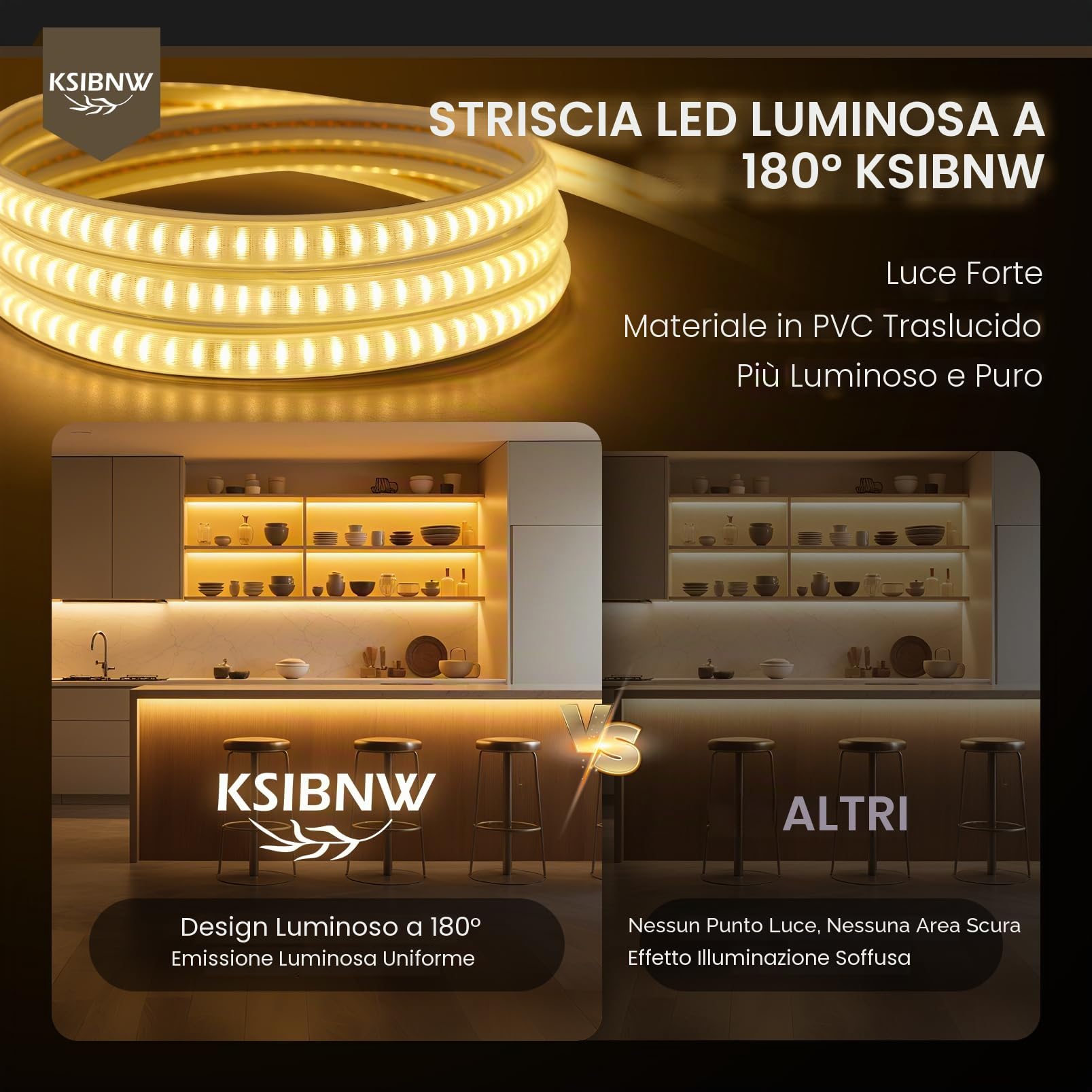 KSIBNW Striscia LED 220V Esterno Impermeabile IP65, 20M Strisce LED Bianco Freddo 6000K Luce Ultra Alta Luminosità 145LEDs/M Strip illuminazione per Decorazione Domestica Cucina Giardino, con Spina