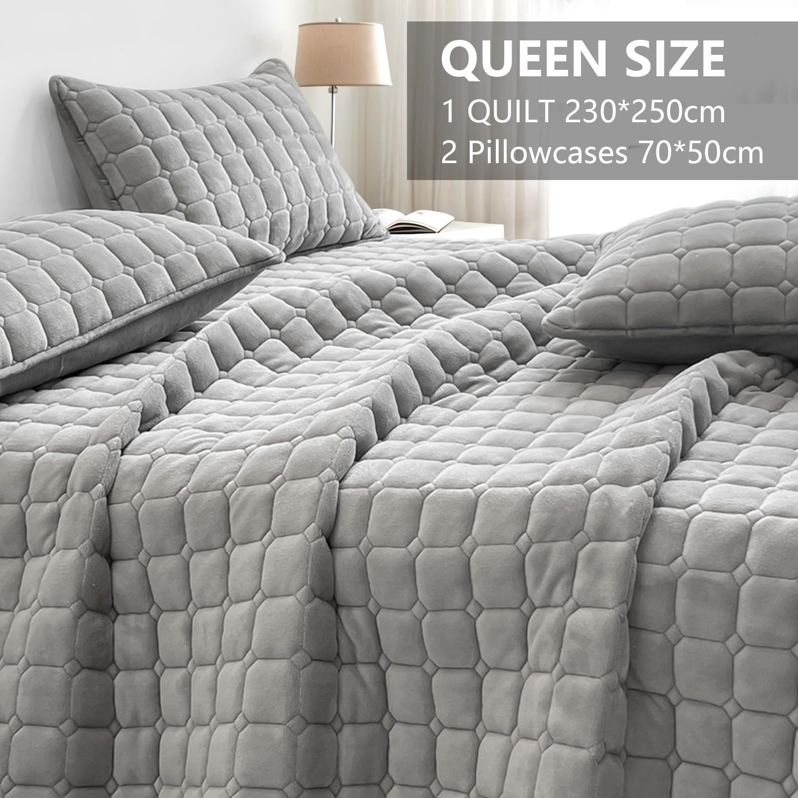 OKYUK,Couvre-lit，Parure de lit en Velours de Luxe pour très Grand litmatelassé surdimensionné, avec 2 taies d'oreiller Assorties, pour Toutes Les Saisons (Gris Clair, 230 x 250 cm)