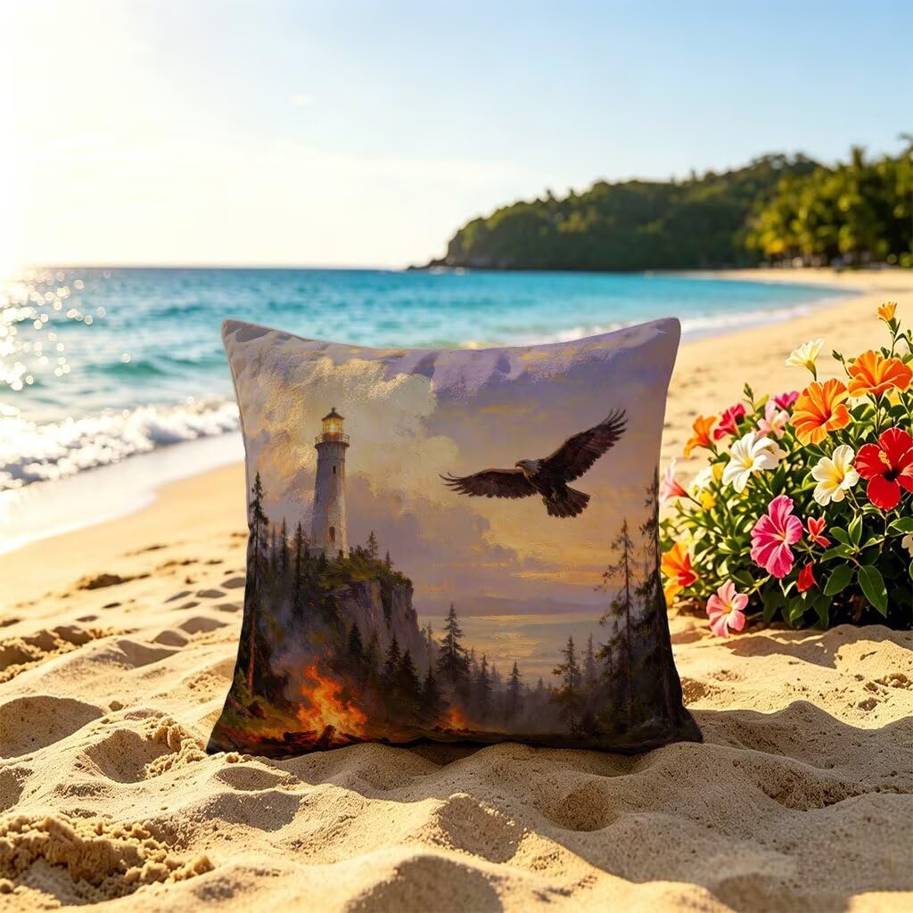 Poduszka outdoorowa 80 x 80 cm, poszewka na poduszkę 80 x 80 cm, dekoracyjna, latarnia morska, orł, poduszka na sofę, lniana poduszka na sofę, wodoodporna, oddychająca, na lato, do domu, ogrodu
