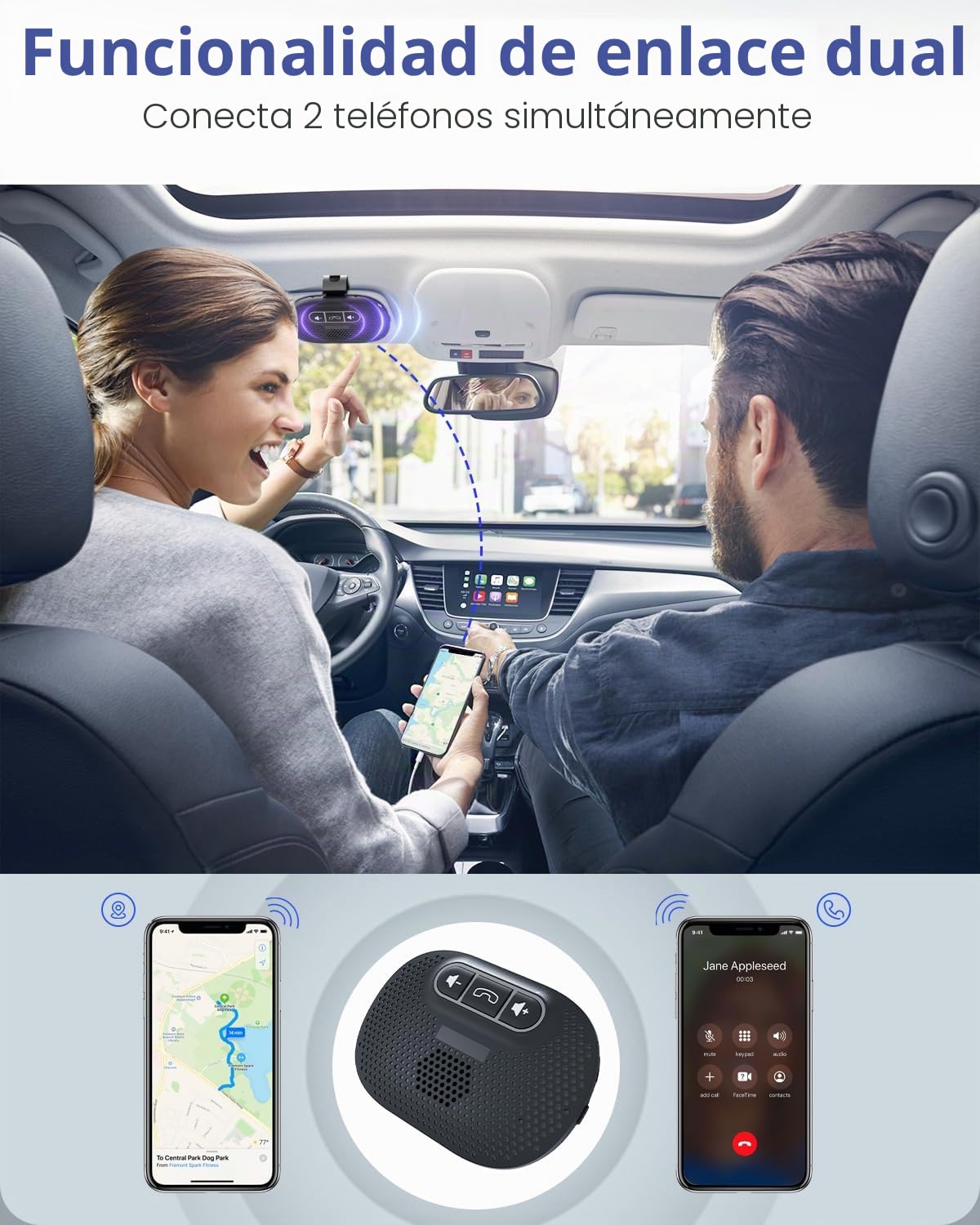 ANSTEN Manos Libres Bluetooth 5.0 para Coche con Micrófono Incorporado, Compatible con GPS, Música, Llamadas, iOS Siri y Asistente de Voz