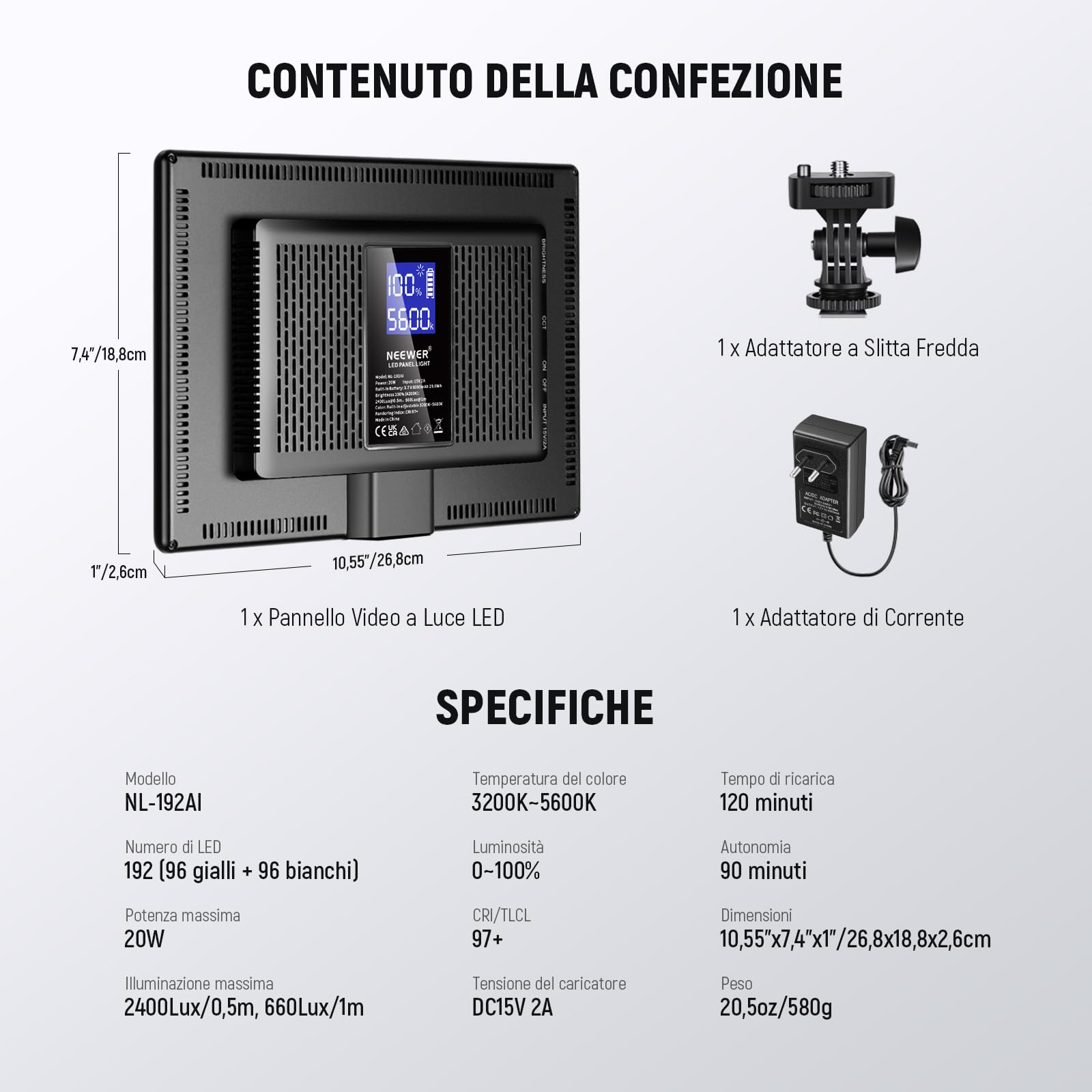 NEEWER Pannello Luce Video a 192 LED, Luce Fotocamera DSLR Ultra Sottile Bicolore Dimmerabile 20W, Batteria al Litio 4000mAh, 3200K-5600K CRI97+, Key Light per Fotogragrafia Riprese e Streaming Studio